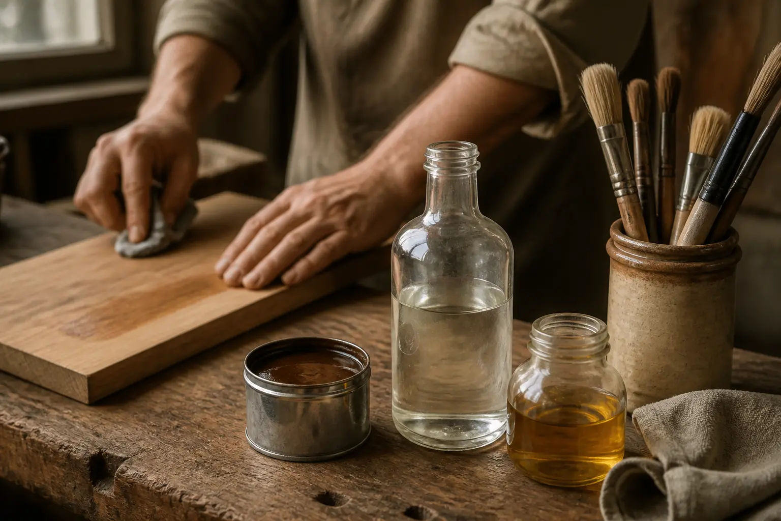 Essence de térébenthine sur établi en bois, avec pinceaux, huile de lin et bois brut traité à la main, ambiance atelier DIY.