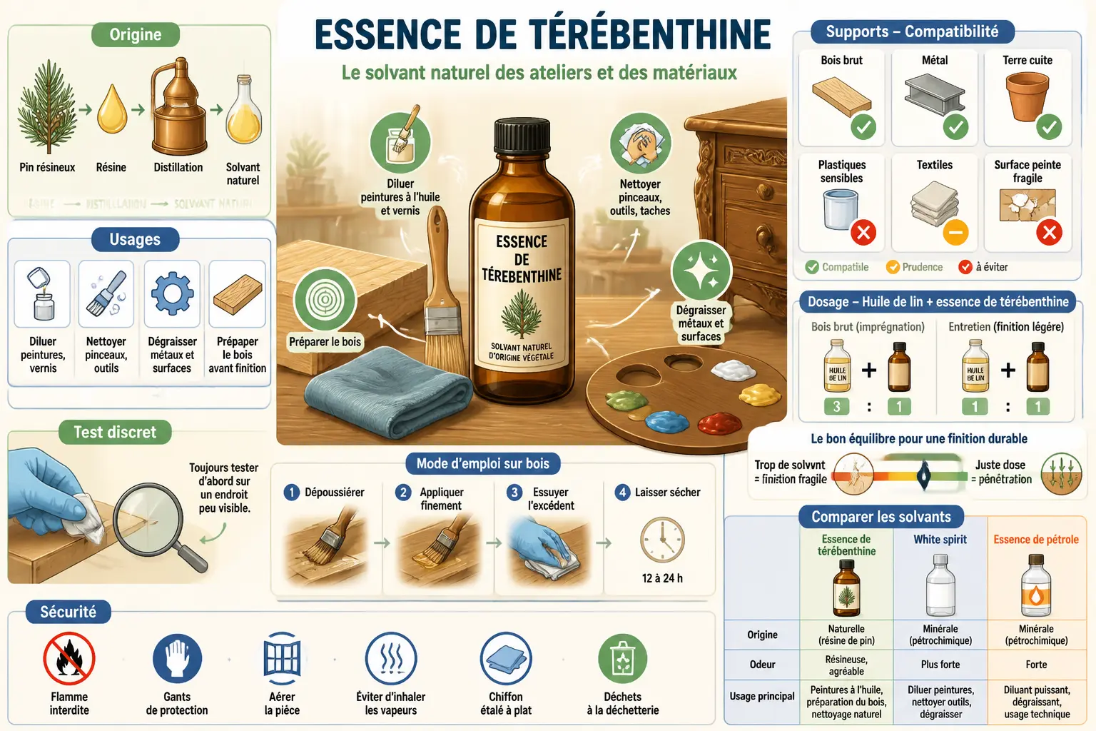 Infographie sur l’essence de térébenthine : origine, usages, supports, sécurité, dosage et test sur bois.