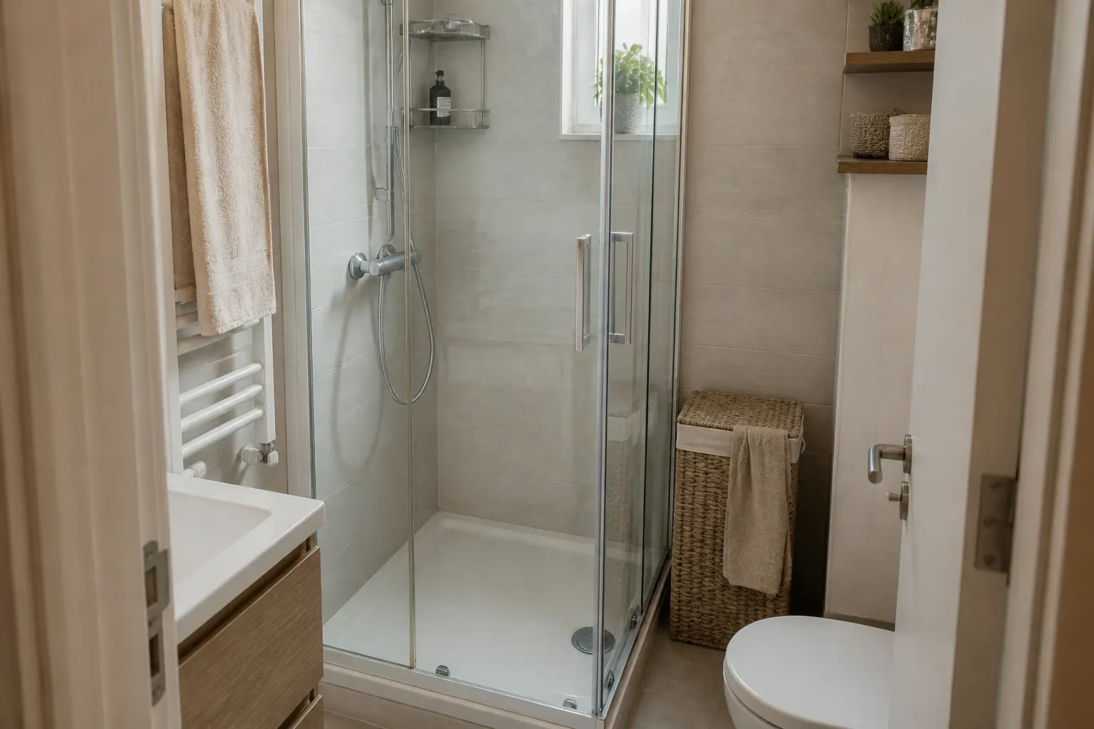 Cabine de douche 80x80 dans une petite salle de bain, avec passage étroit et lavabo compact.