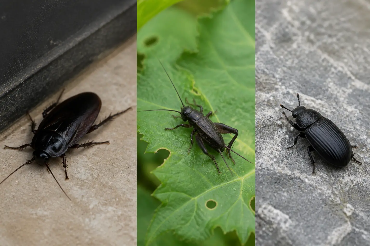 Cafard noir oriental, insecte sombre de jardin et coléoptère comparés sur fond neutre