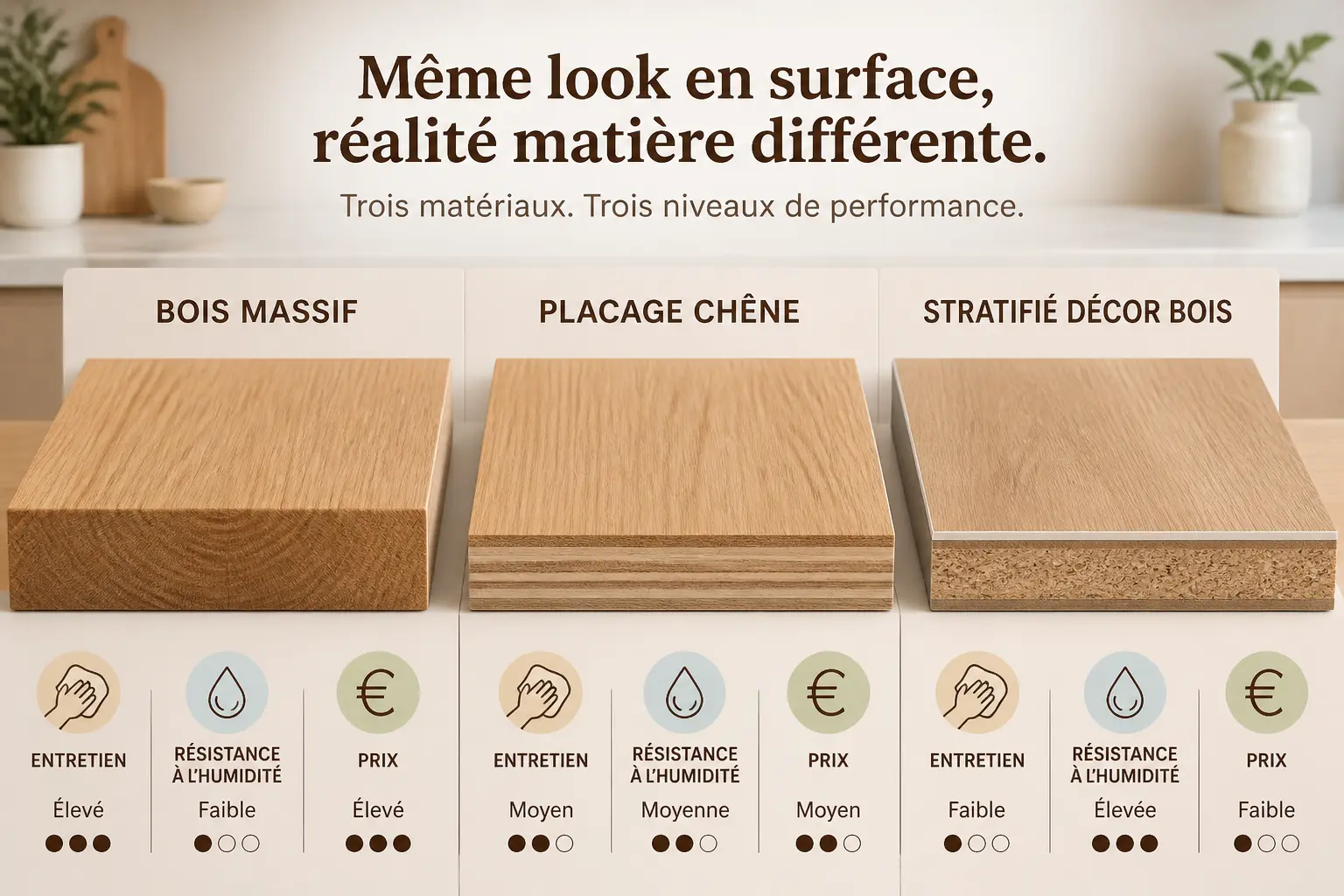 Cuisine bois : comparaison visuelle du bois massif, placage chêne et stratifié effet bois