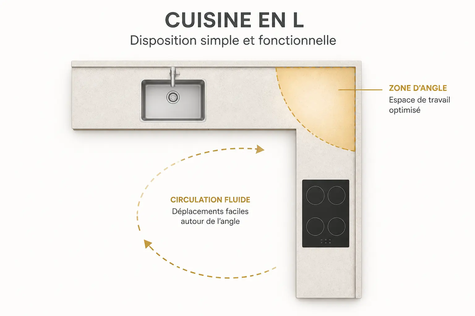 Schéma de cuisine en L avec évier, plaque et angle optimisé, montrant une circulation fluide.