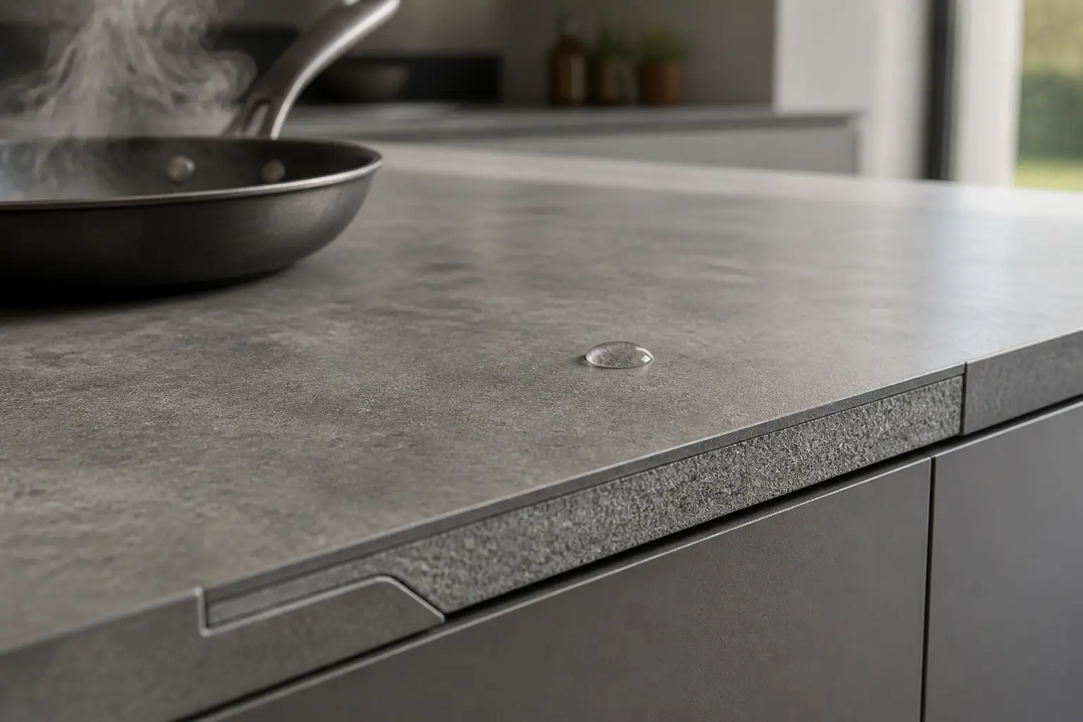 Dekton plan de travail : gros plan d’un plan de cuisine en Dekton, avec coupe montrant son cœur minéral compact.