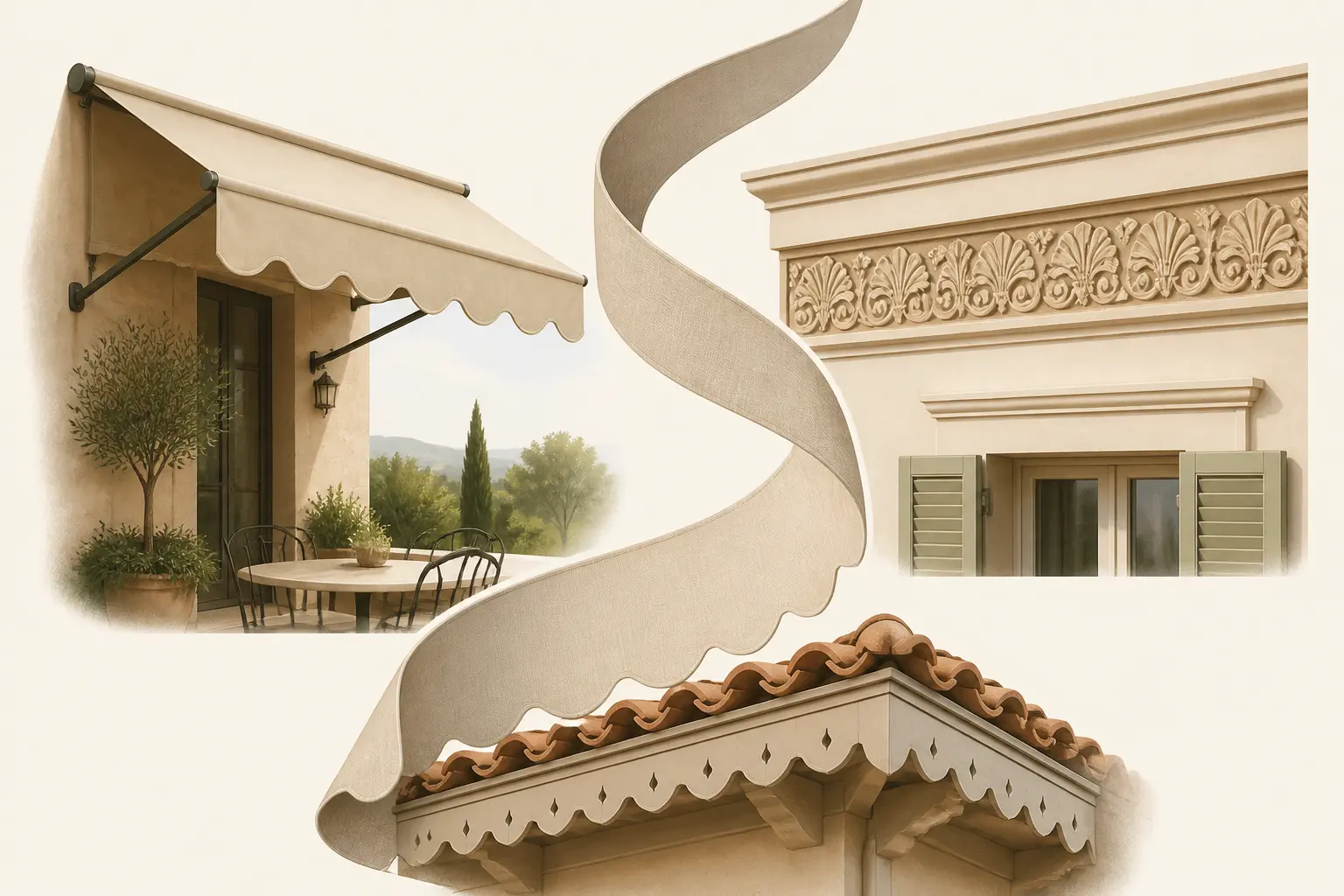 Illustration du lambrequin : store de terrasse, frise décorative et bord de toit architectural.