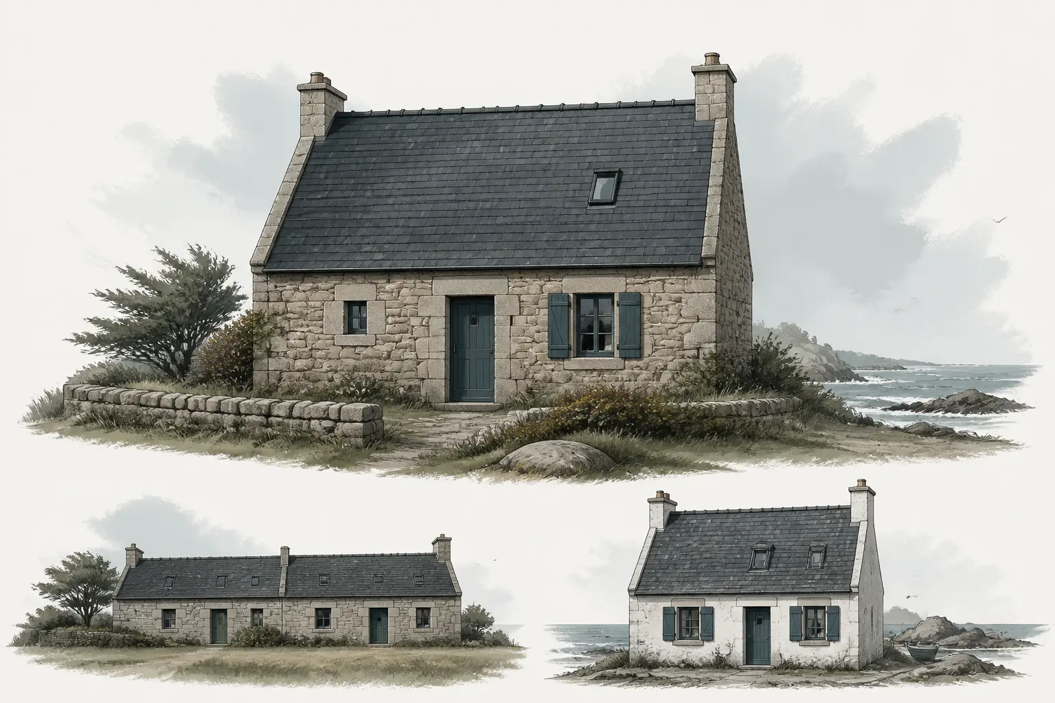 Maison bretonne en pierre, toit d’ardoise et murs de granit, avec variantes longère et maison de pêcheur.