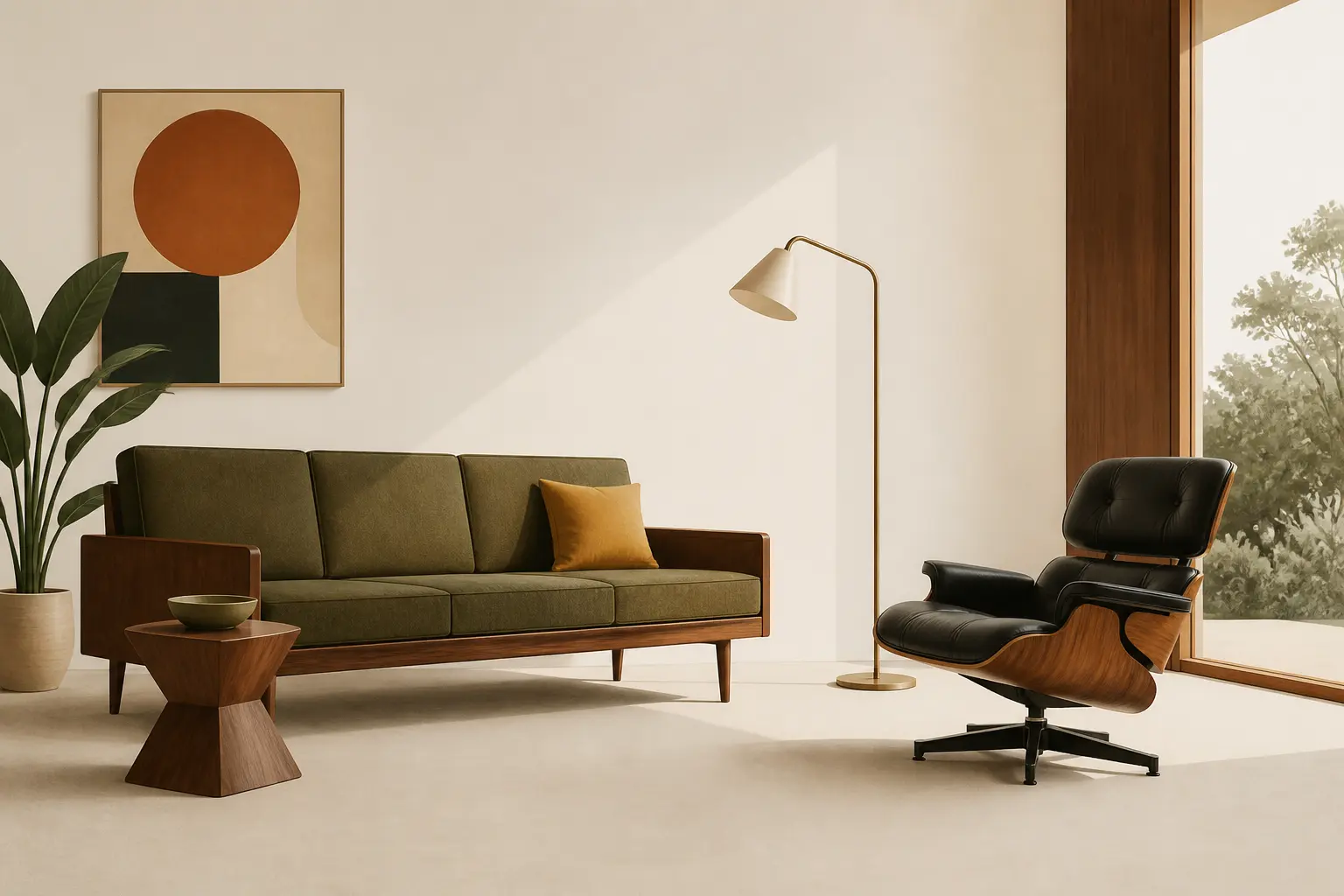 Salon mid century modern épuré avec canapé en noyer, fauteuil iconique, lampe et table géométrique.