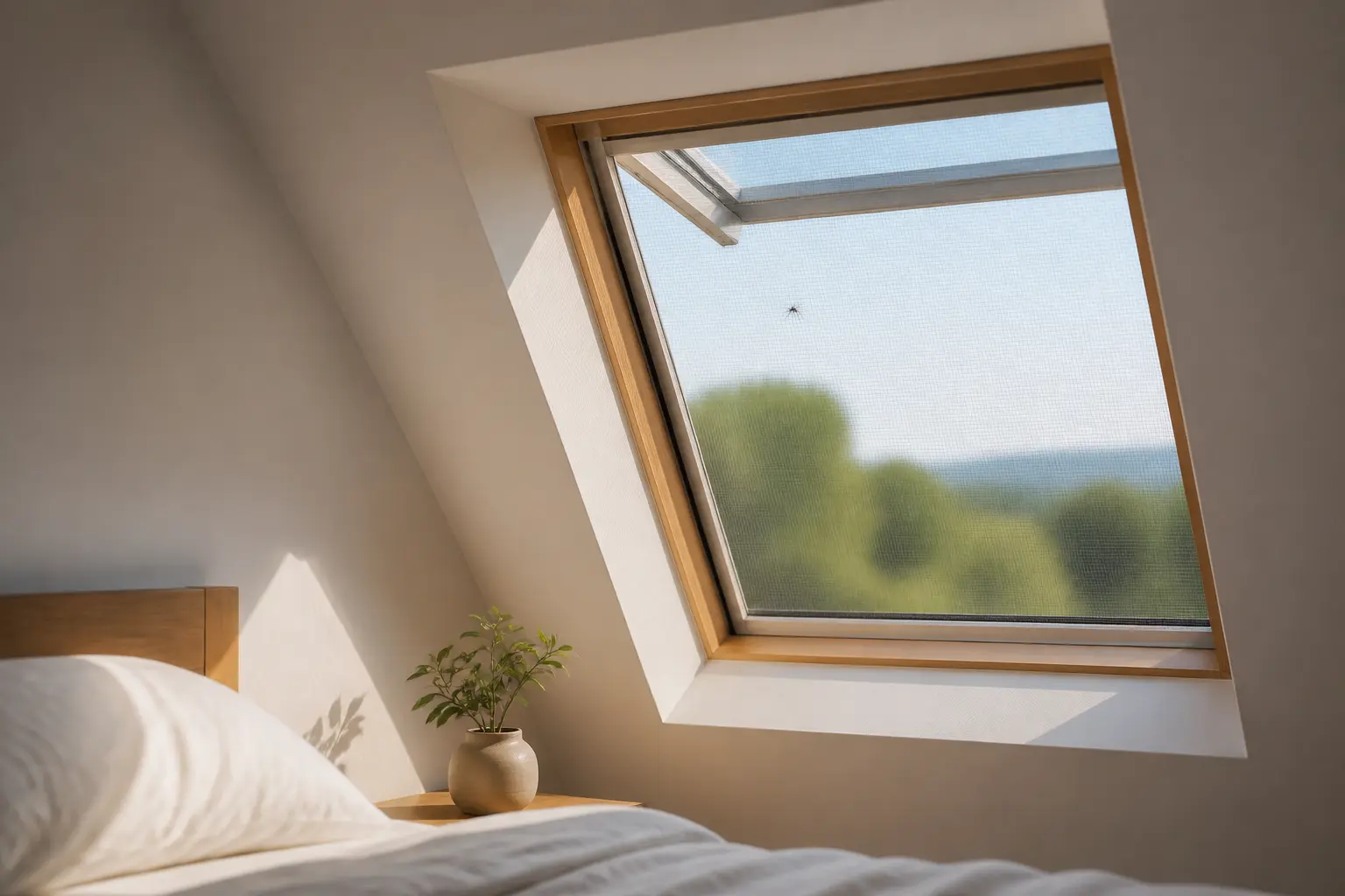 Moustiquaire velux sur fenêtre de toit ouverte dans une chambre mansardée, avec un moustique dehors.