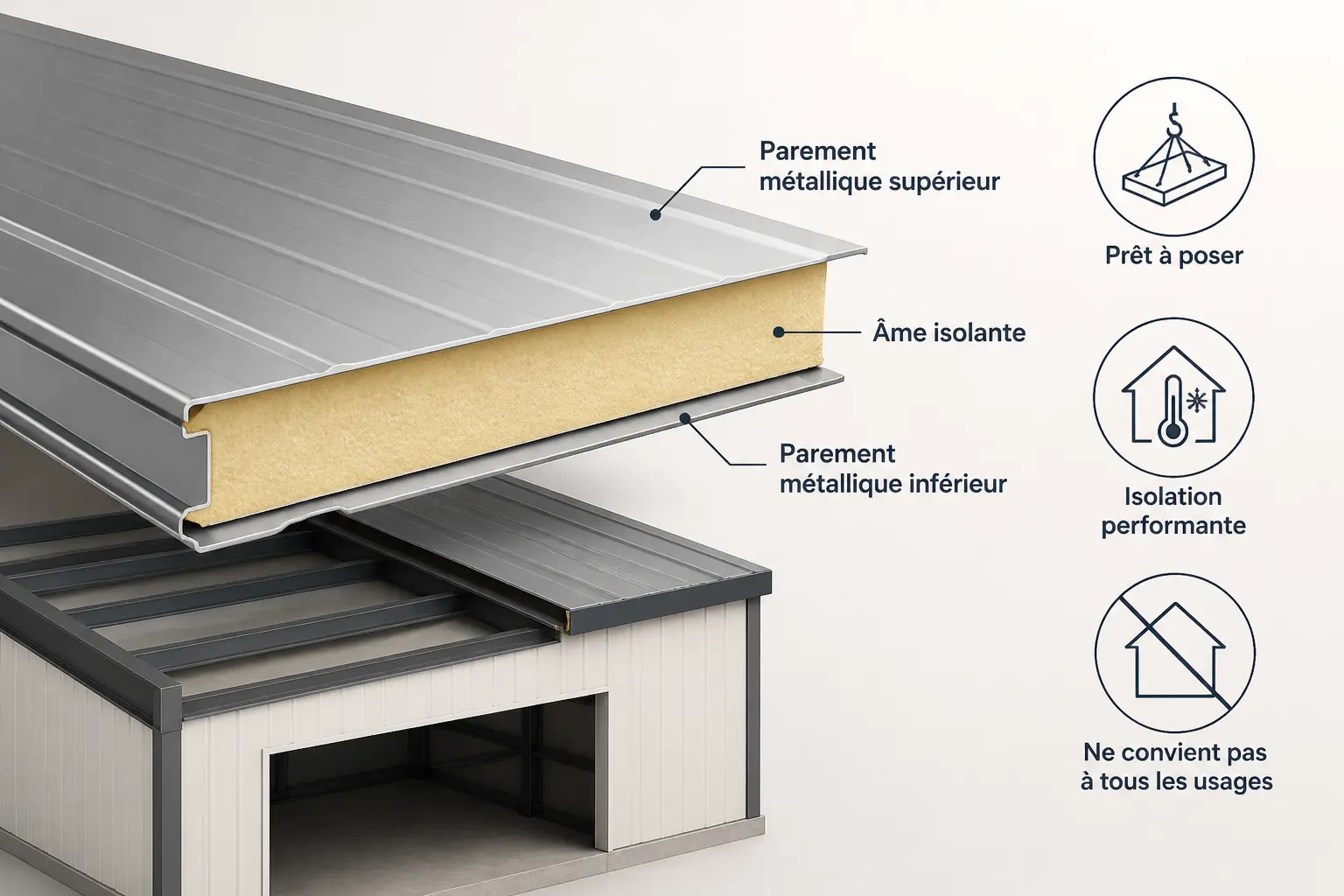 Panneau sandwich toiture en coupe sur un toit de garage, avec noyau isolant et icônes d’usage