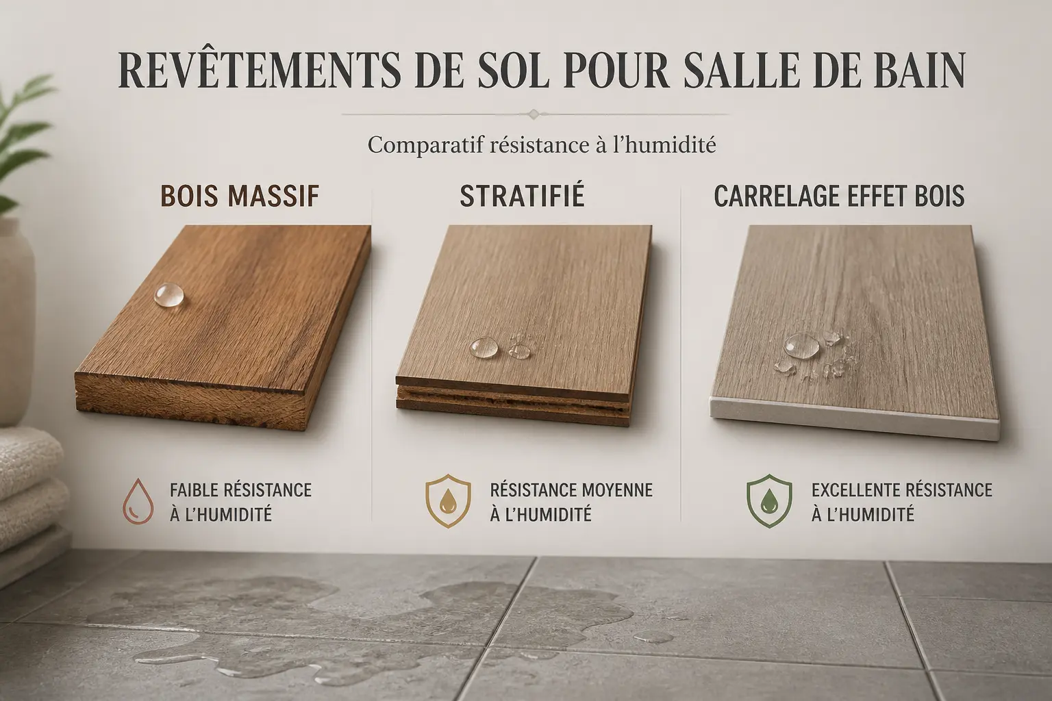 Parquet salle de bain : comparaison visuelle de trois revêtements, bois massif, stratifié et carrelage effet bois.