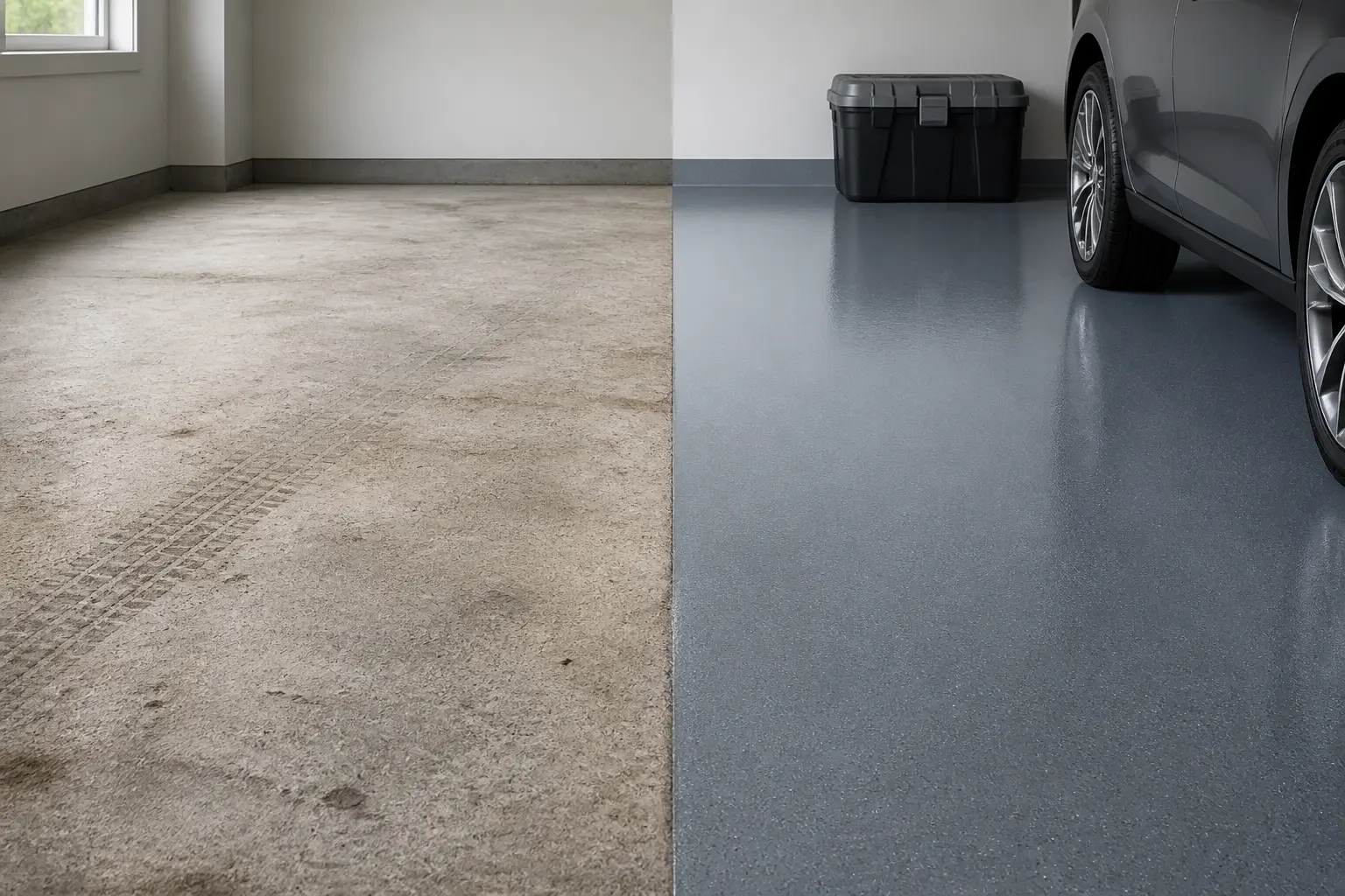 Peindre le sol du garage : contraste entre béton brut poussiéreux et sol époxy gris bleuté protégé.