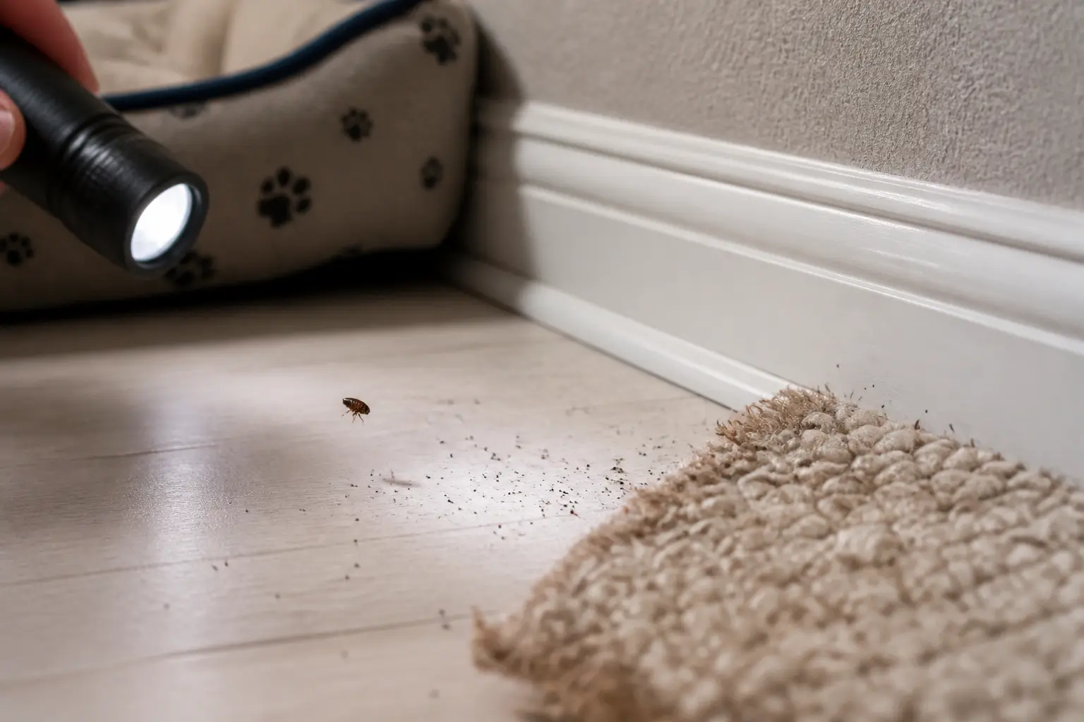 Inspection d’une puce de parquet près d’un tapis, avec lampe torche et traces sur le sol.