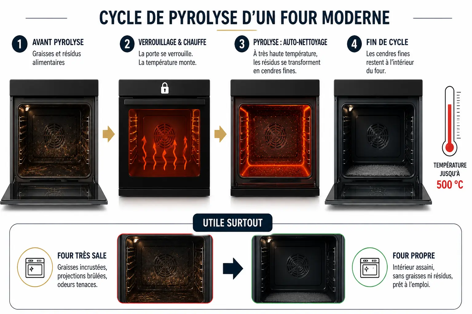 Schéma pédagogique de pyrolyse four : résidus brûlés, porte verrouillée, chaleur intense et cendres finales.