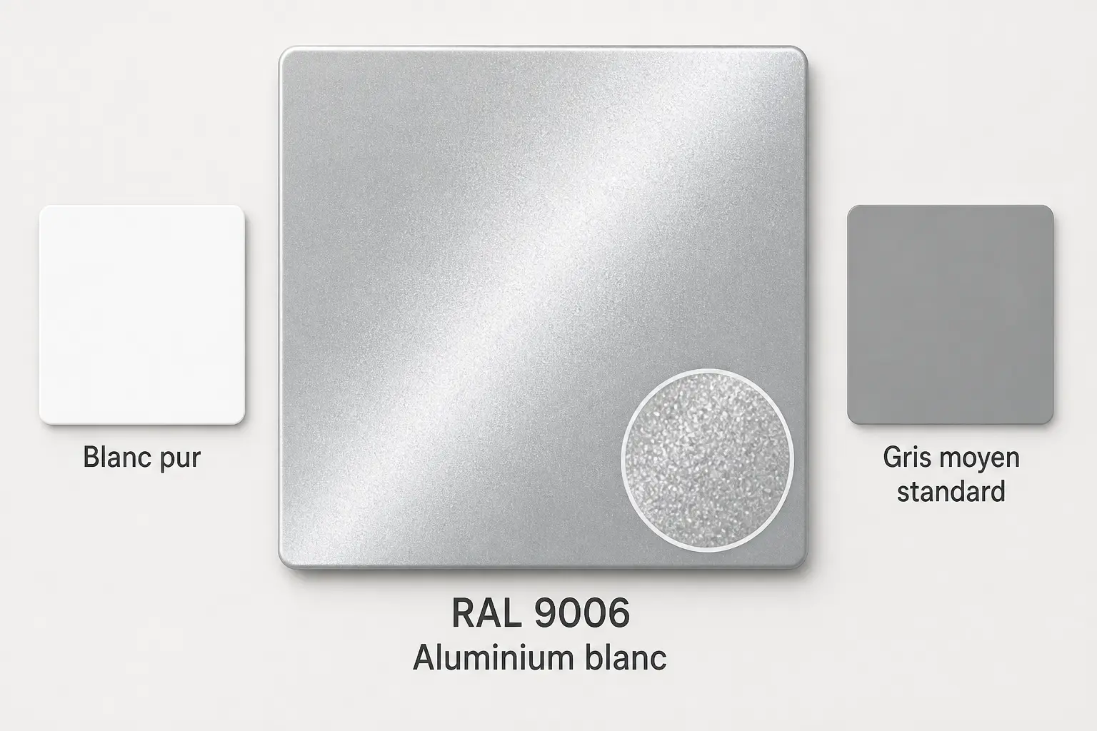 RAL 9006 : nuancier aluminium blanc avec comparaison au blanc pur et au gris moyen
