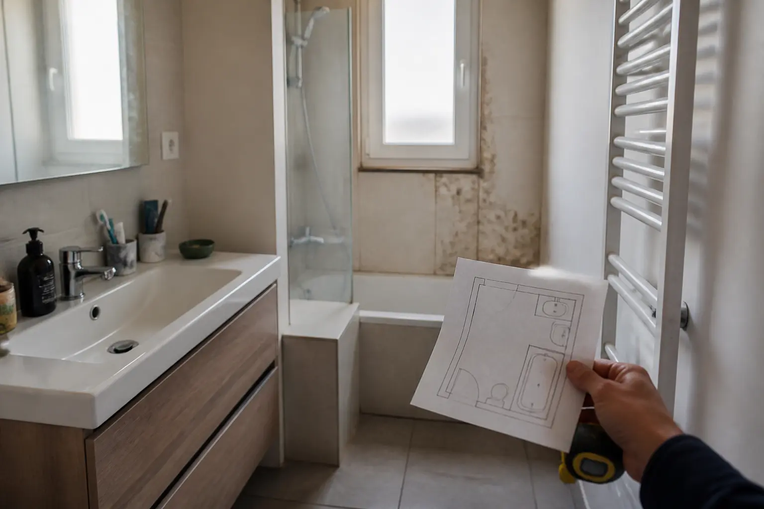 Renover une salle de bain : petite salle d’eau avec vasque encombrée, traces d’humidité et mètre ruban.