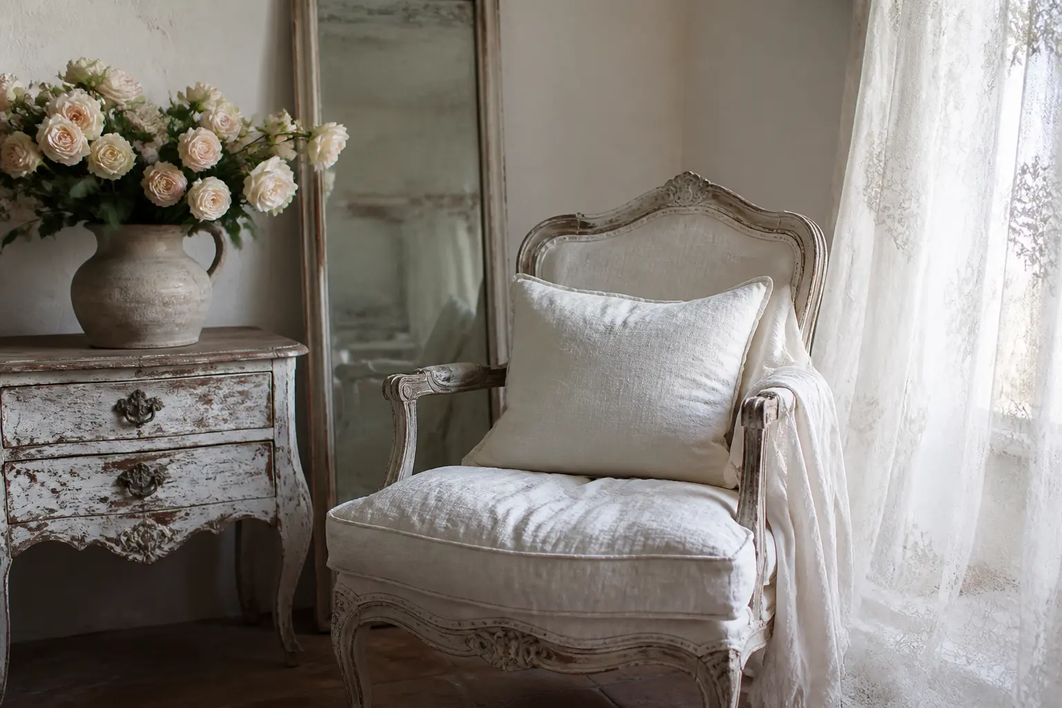 Salon shabby chic : fauteuil vintage blanchi, table patinée, roses pâles et lumière douce.