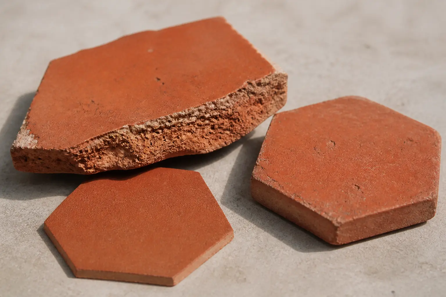 Tomettes en terre cuite : une vraie tuile hexagonale, une coupe brute et un faux modèle lisse