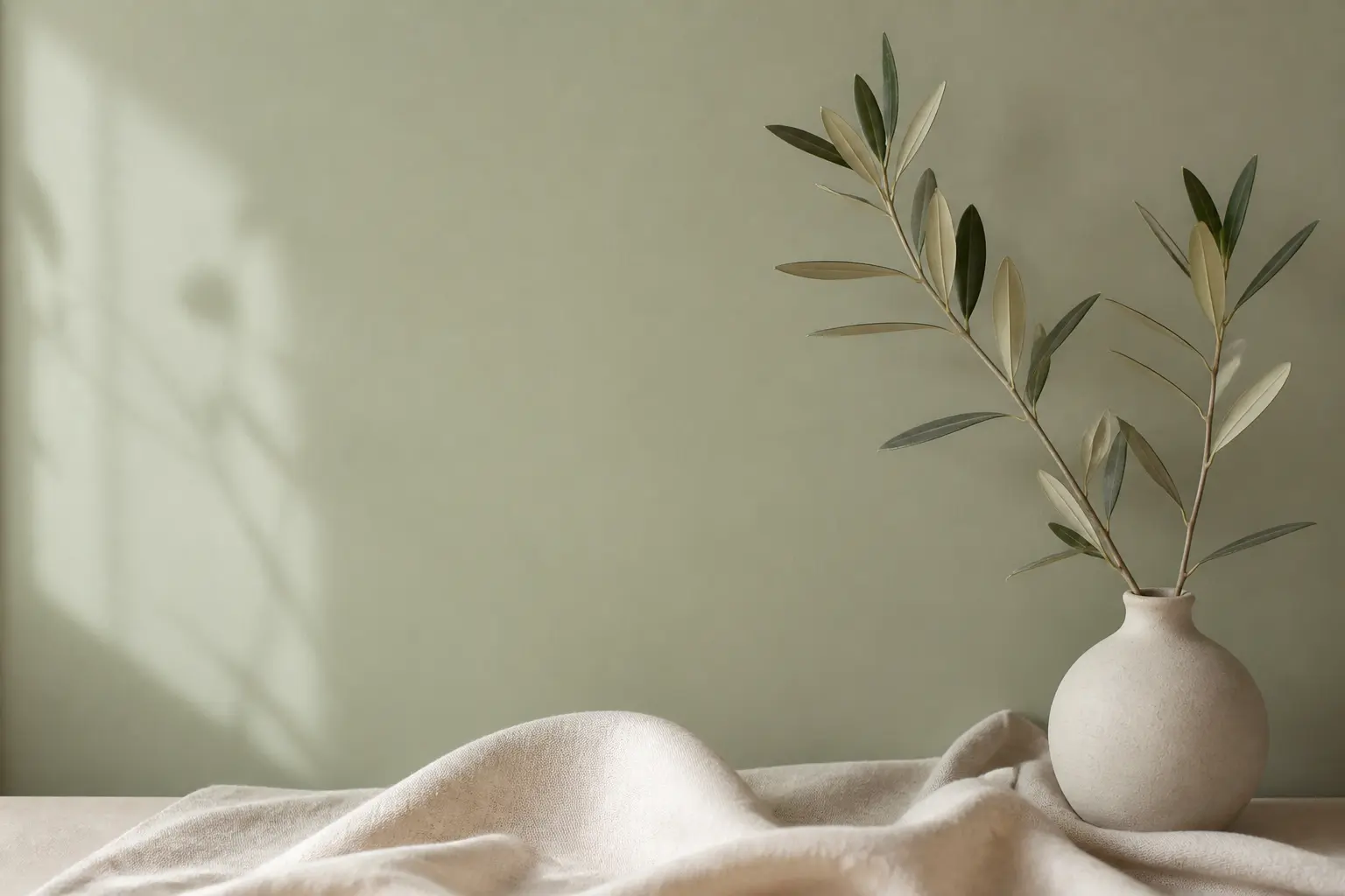 Mur vert amande doux avec lin crème, vase en céramique et branche claire dans une ambiance lumineuse
