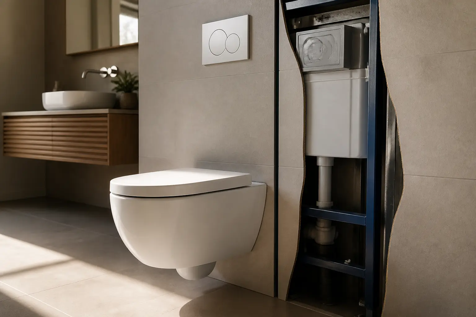 WC suspendu Geberit dans une salle de bain moderne, avec bâti encastré et plaque de chasse discrète.