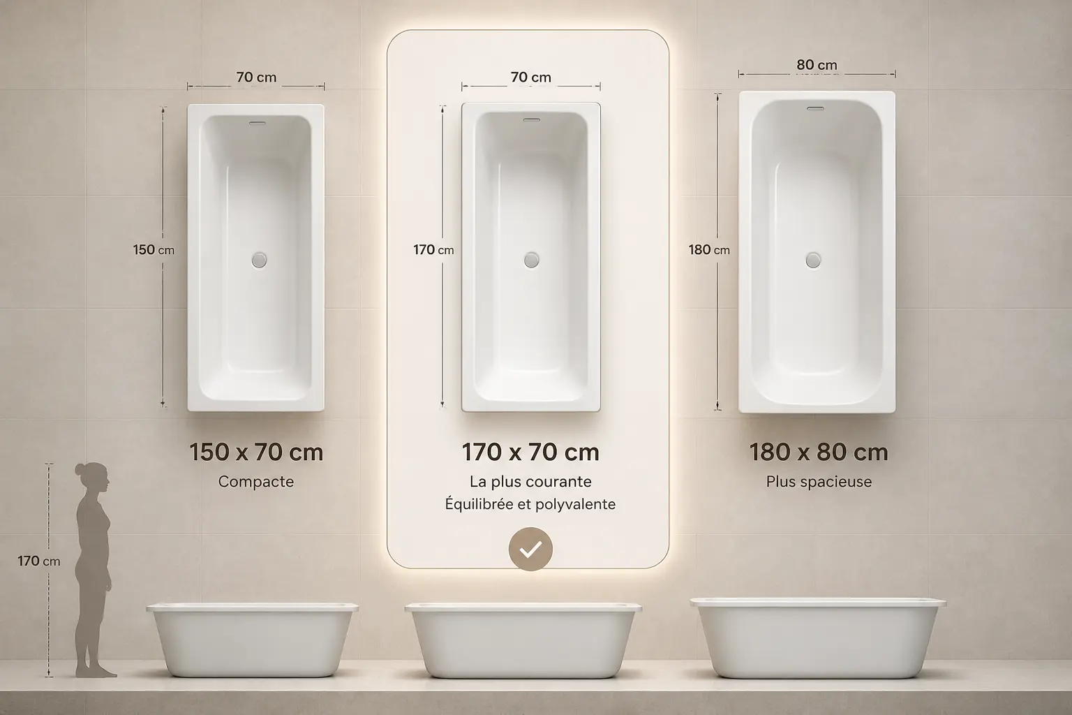 Baignoire droite : les dimensions standard de 150 à 180 cm