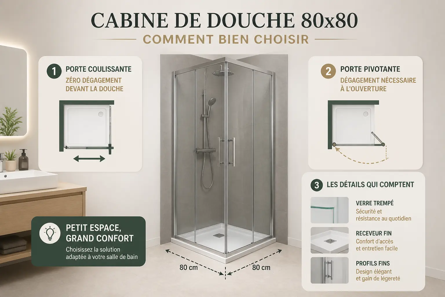 Guide visuel d’une cabine de douche 80x80 : porte coulissante, porte pivotante et options d’équipement