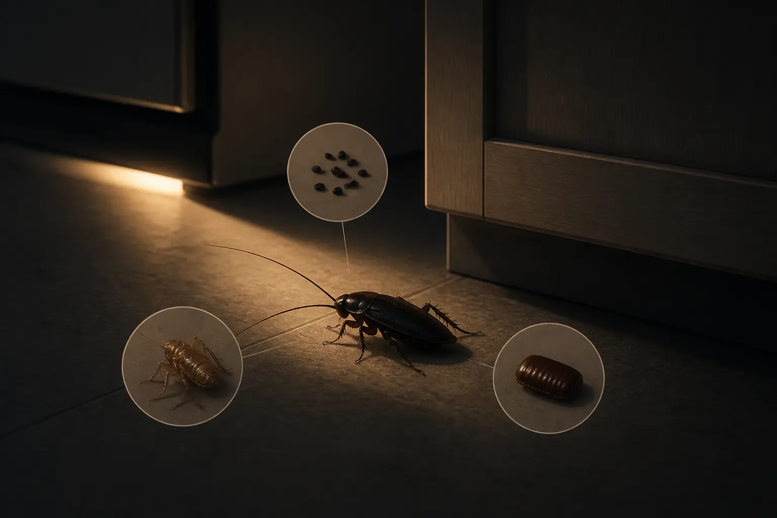 Cafard noir isolé dans un coin de cuisine nocturne, avec crottes, mue et oothèque en icônes discrètes.