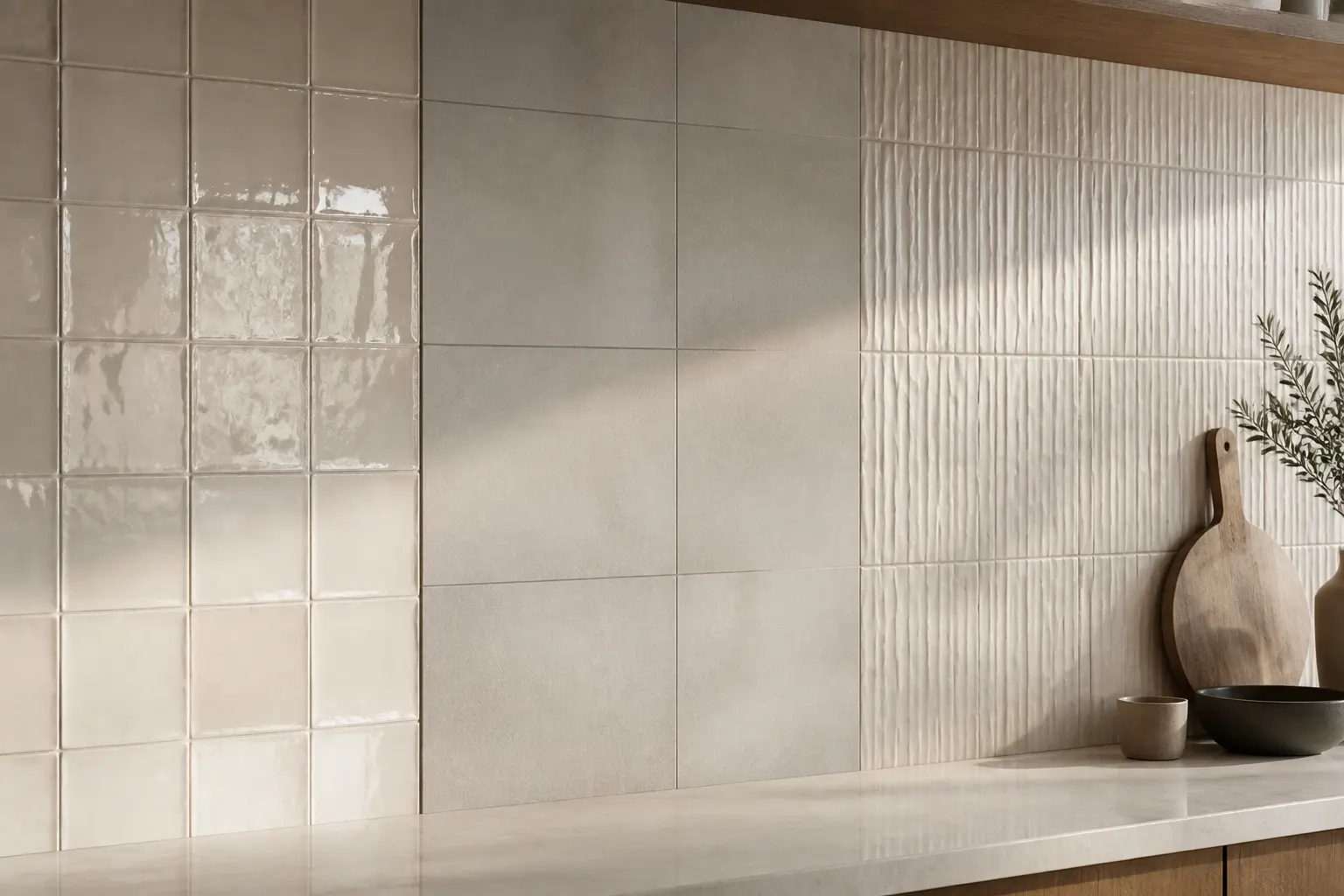 Carrelage mural cuisine : comparaison de faïence brillante, grès cérame dense et céramique texturée sur crédence