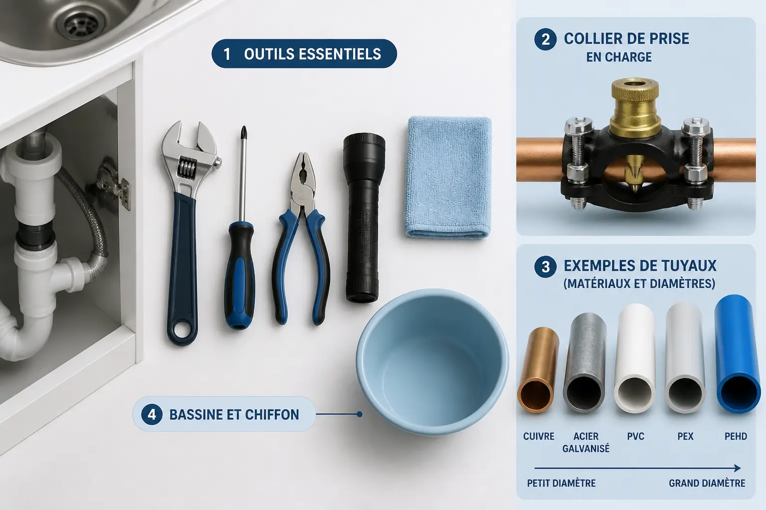 Outils et mesures pour comment remplacer un robinet autoperceur, avec pince, tuyau et dimensions à vérifier.