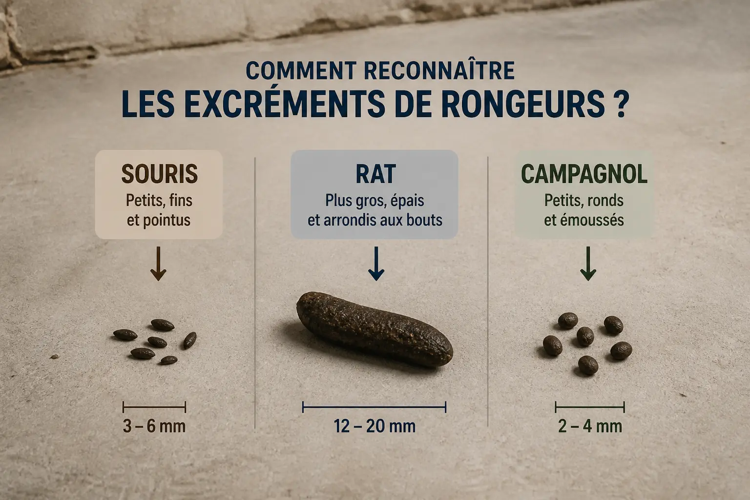 Crotte de souris, de rat et de mulot comparées côte à côte sur un sol neutre, avec labels français.
