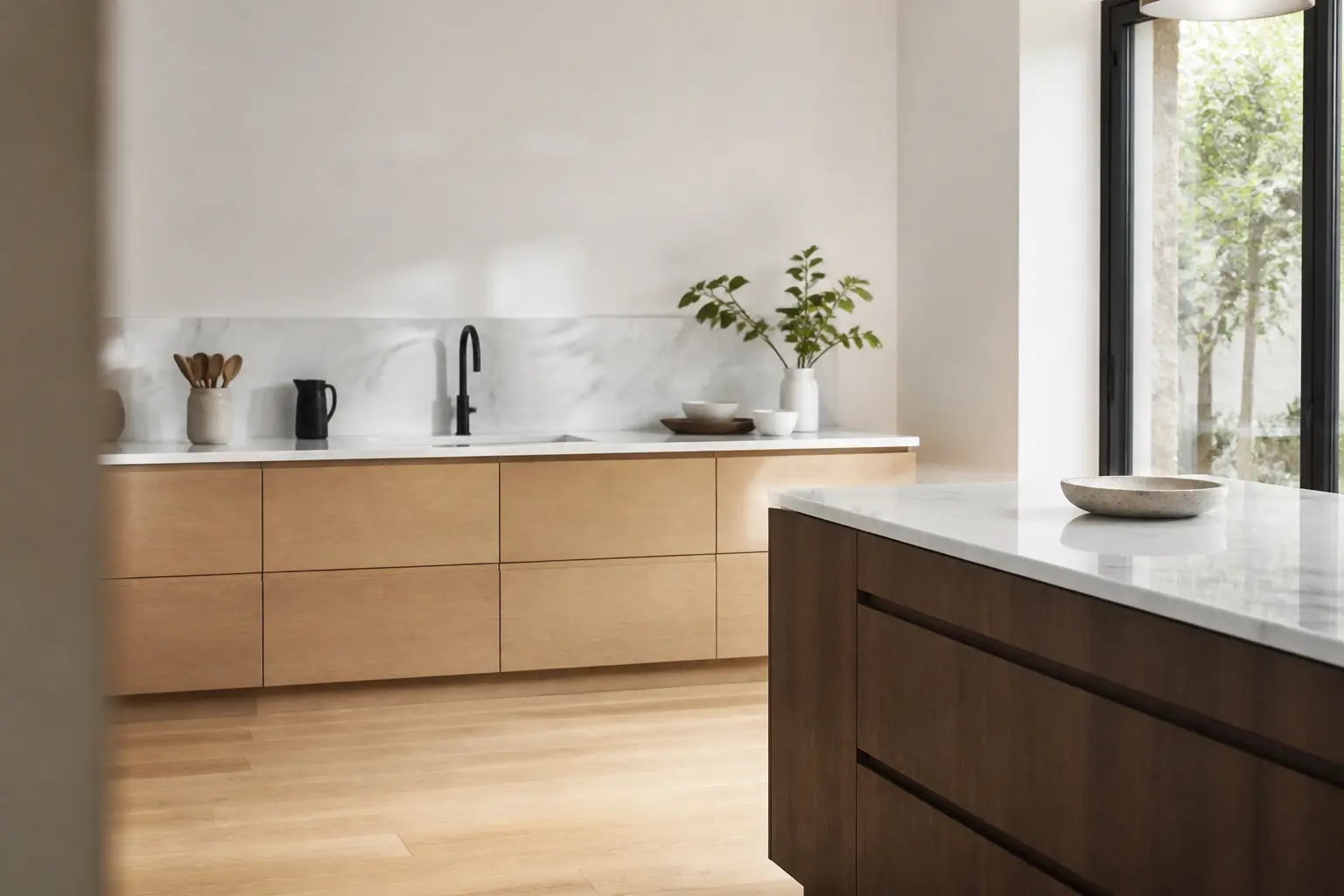 Cuisine bois moderne et lumineuse : meubles chêne clair, îlot noyer, plan de travail en pierre