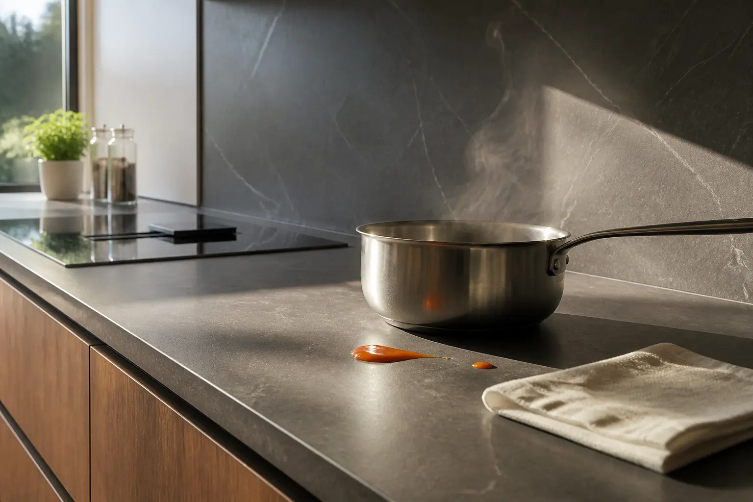 Dekton plan de travail noir en cuisine moderne, résistant à la chaleur, aux taches et facile à nettoyer.