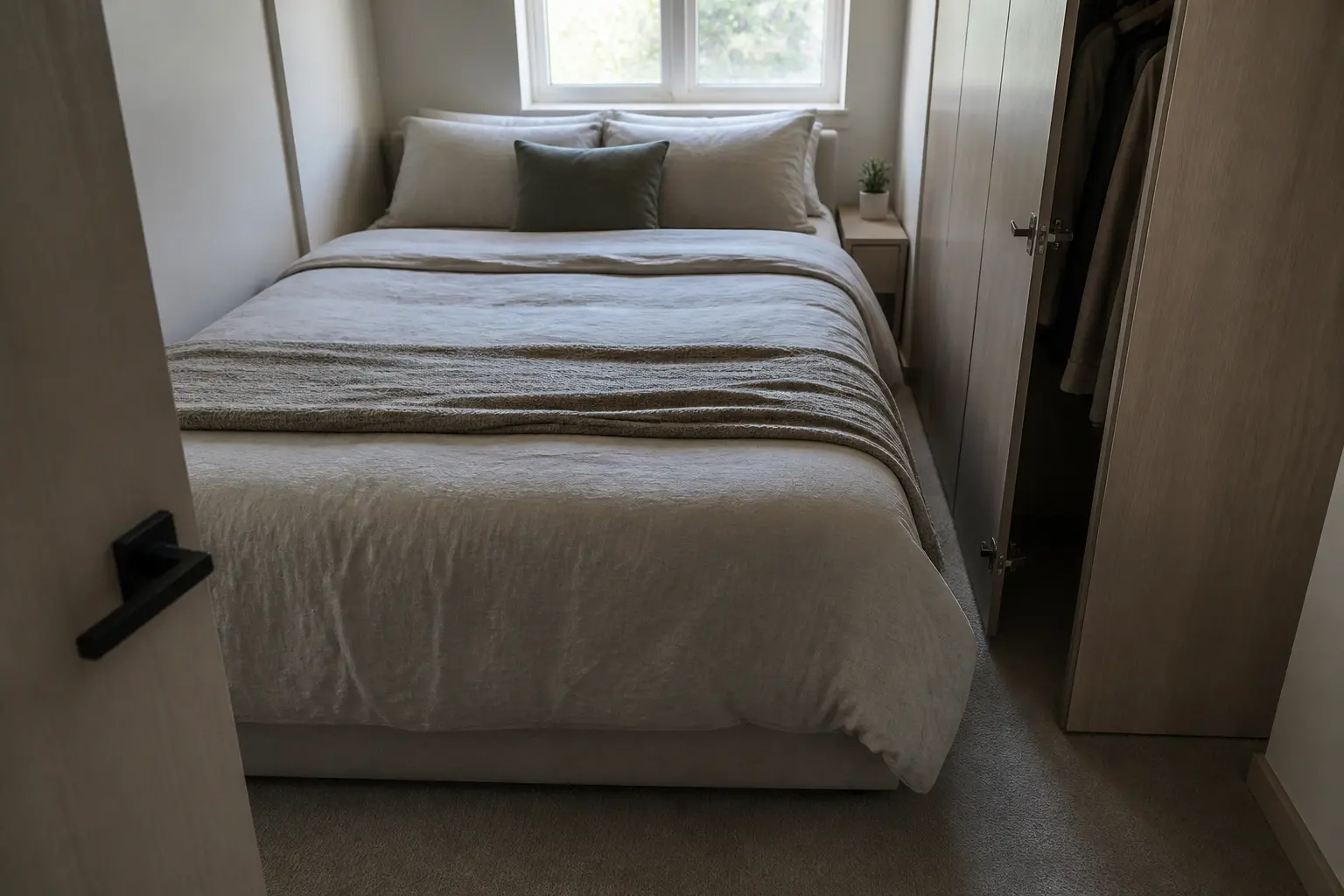 Chambre compacte avec dimension lit 2 places trop grande, passages étroits et circulation difficile.