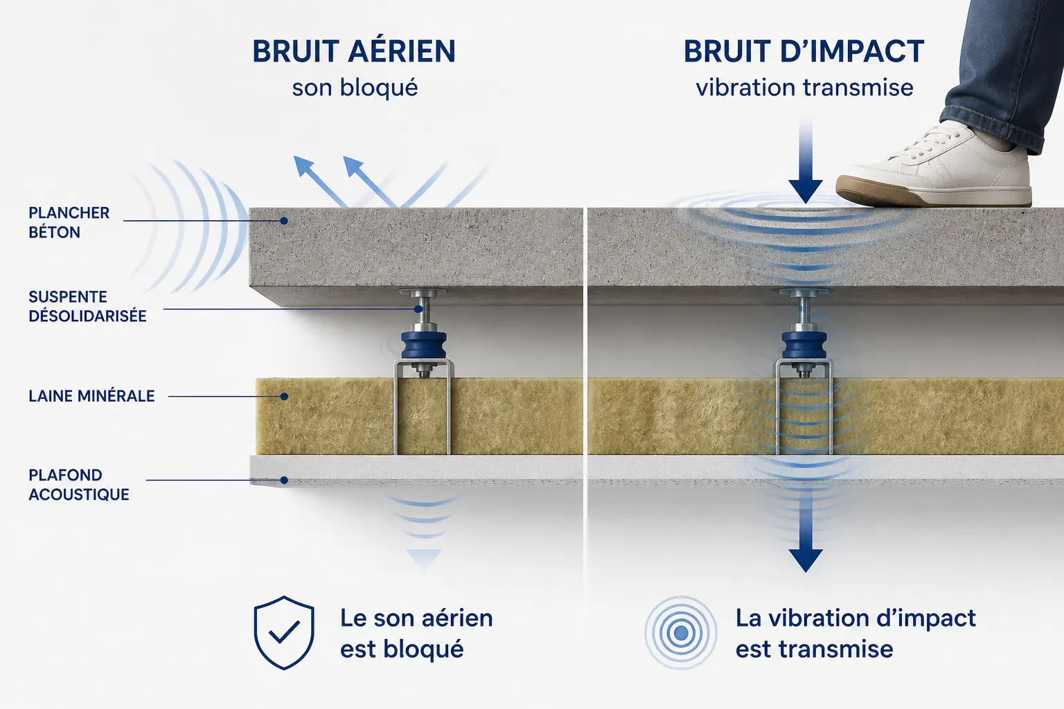 Isolation phonique plafond : coupe montrant le son bloqué par l’isolant et les vibrations transmises