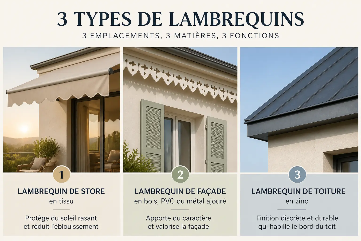 Comparatif de lambrequin : toile de terrasse, façade décorative et bande de zinc en bord de toit.