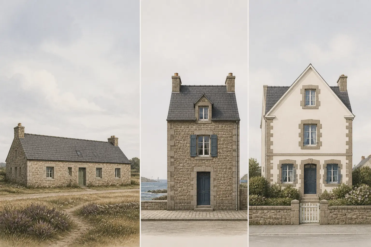 Maison bretonne : triptyque montrant longère, maison de pêcheur et pavillon néo-breton