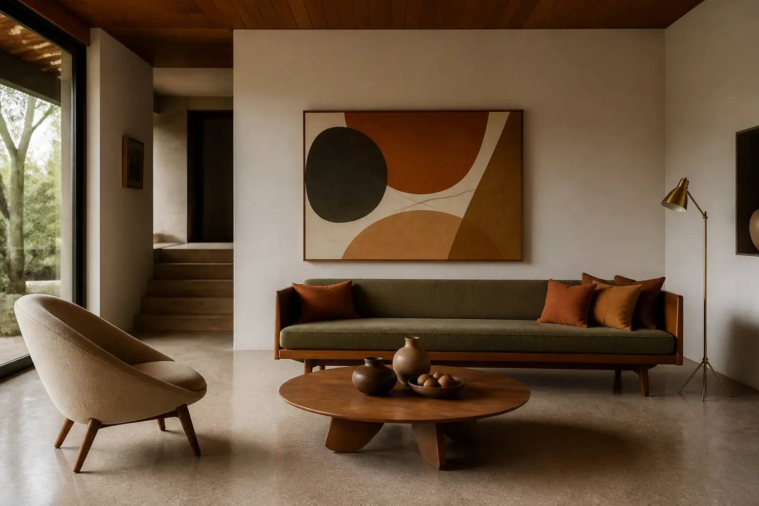Salon mid century modern avec canapé bas en noyer, fauteuil organique, table ronde et lampe en laiton.