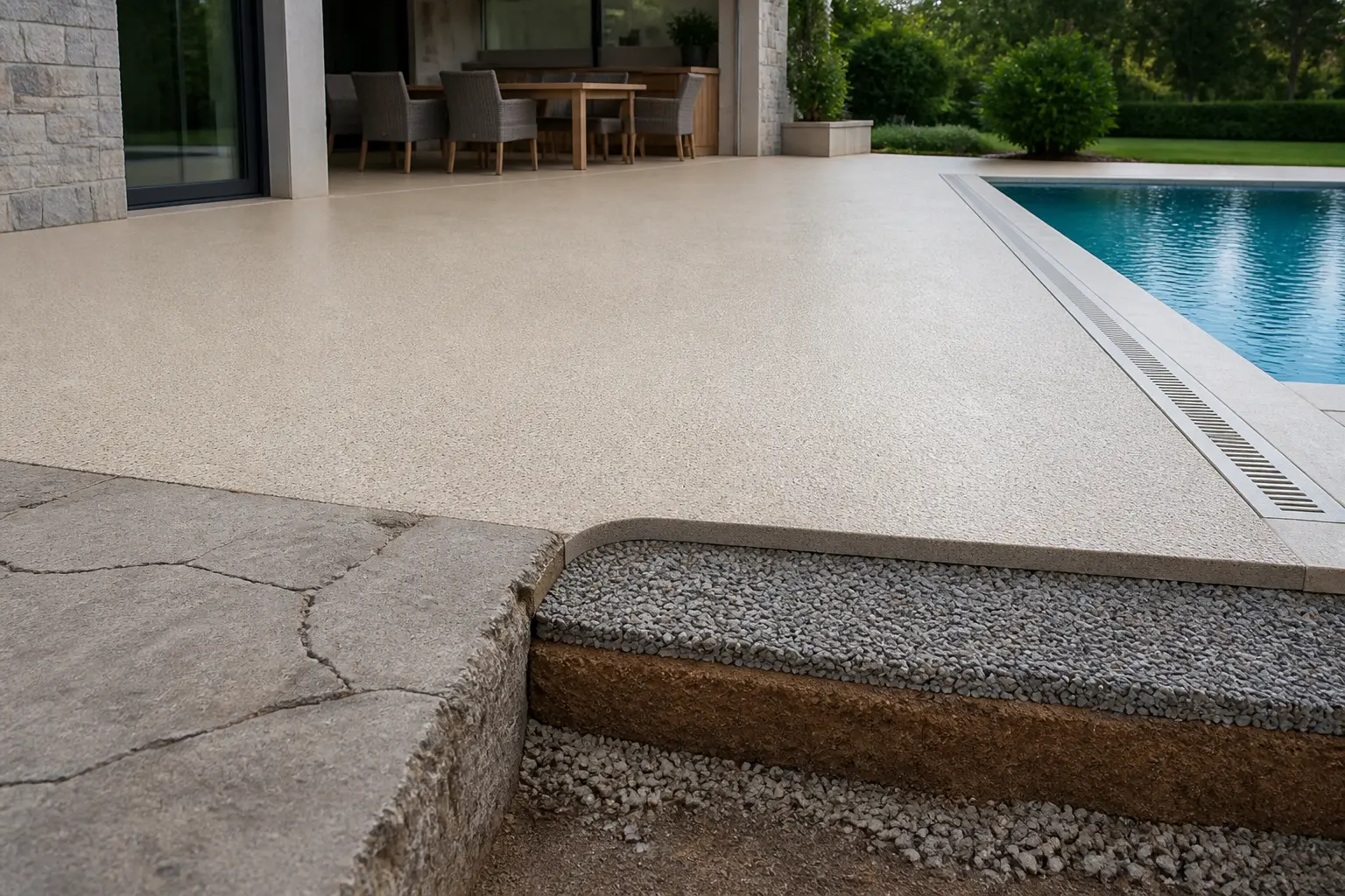 Terrasse, piscine, allée : où ce revêtement en résine a du sens