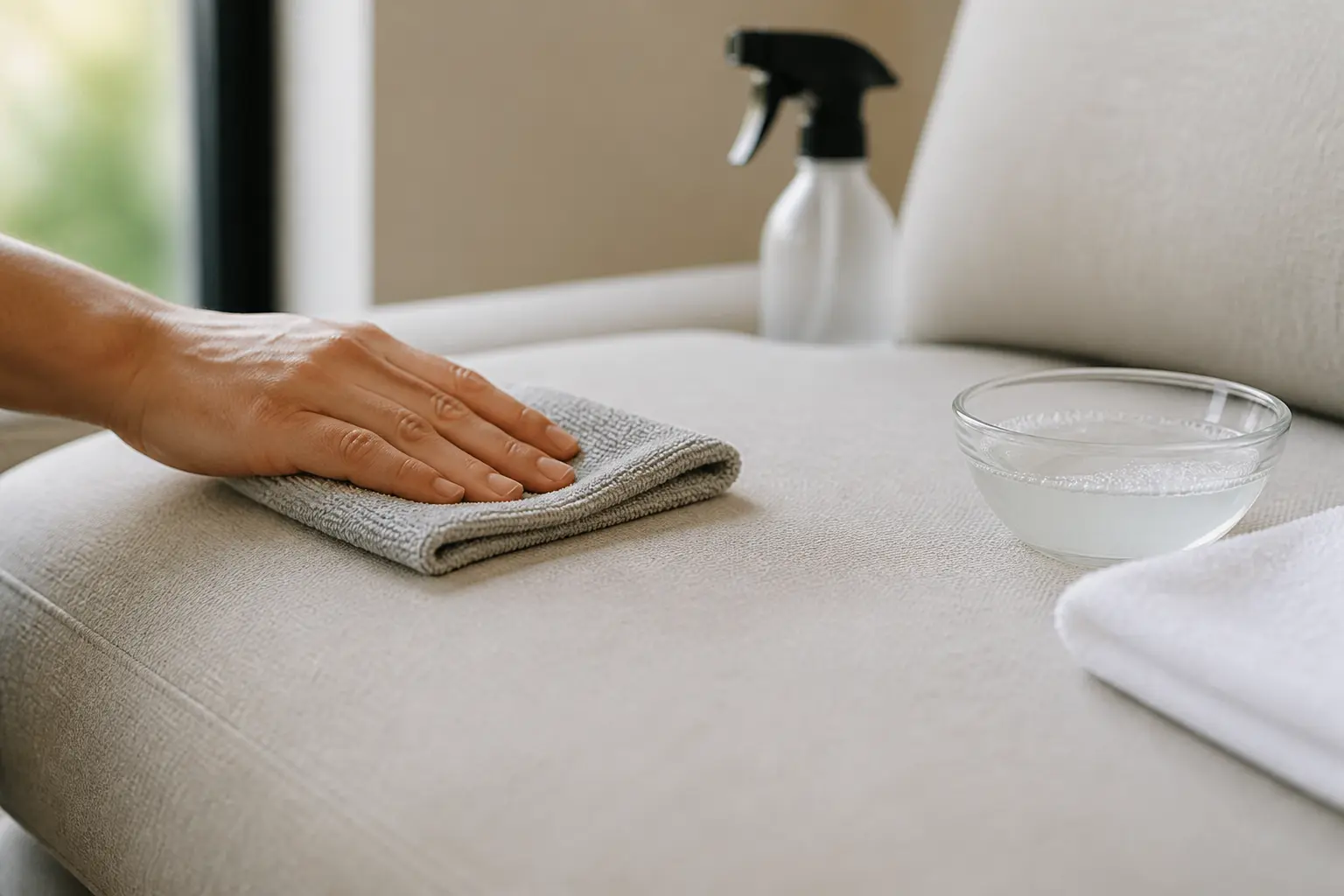Nettoyer canapé tissu avec un chiffon microfibre humide, eau savonneuse et serviette sèche