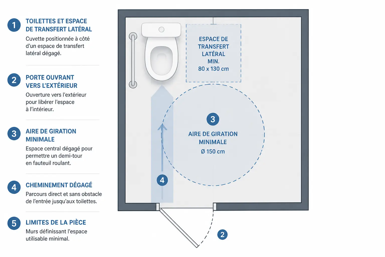 Dimensions minimales d’un sanitaire accessible : pièce, porte et zones de manœuvre