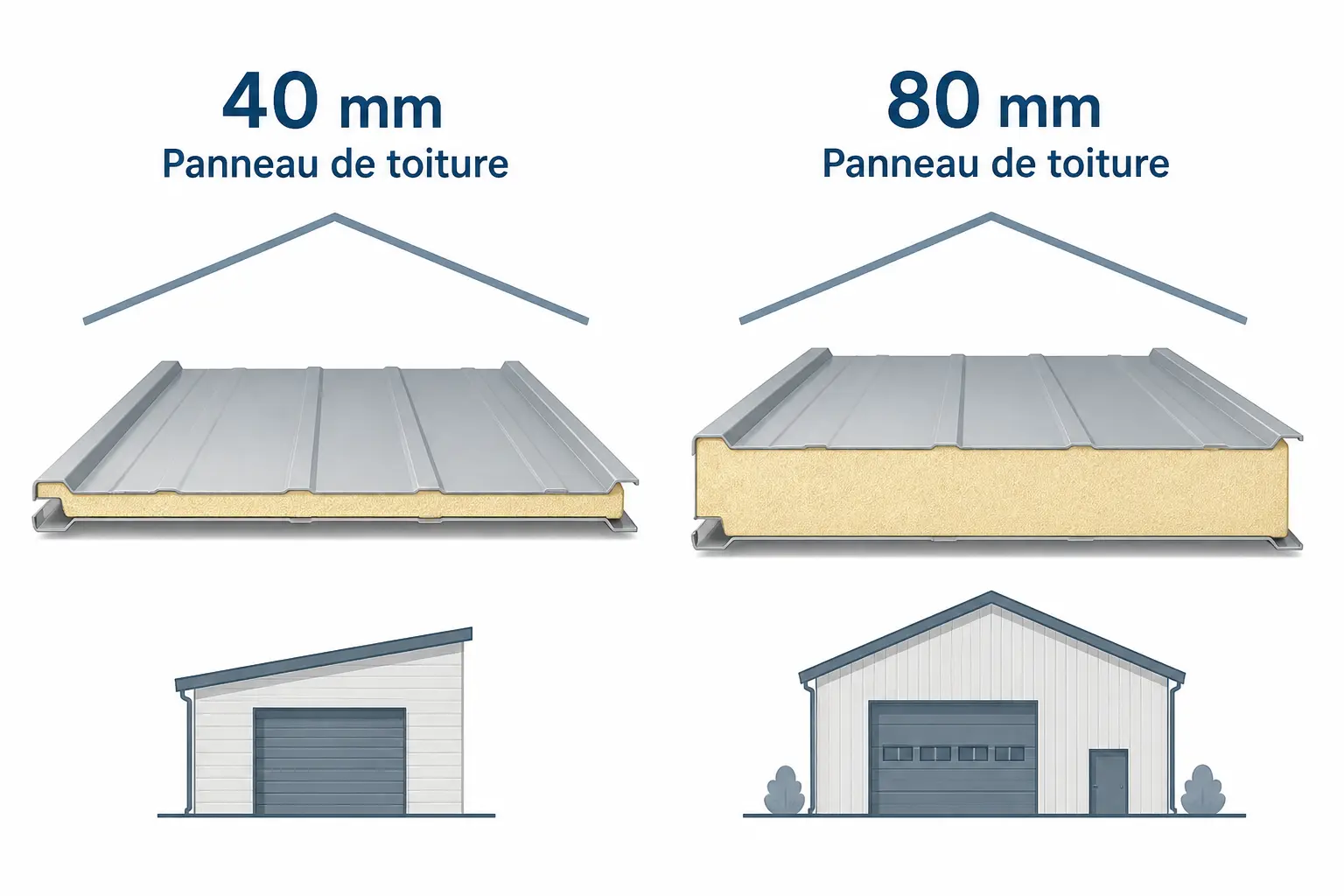 Comparatif de panneau sandwich toiture : 40 mm et 80 mm, avec isolant et silhouettes de bâtiment.