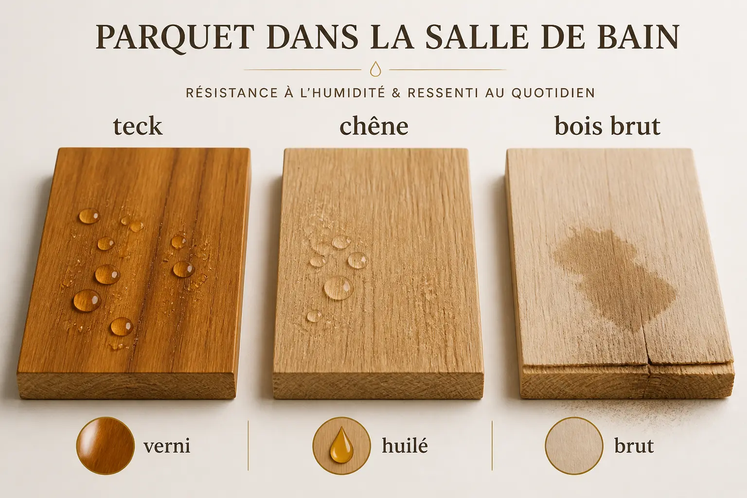Parquet salle de bain : comparaison teck, chêne et bois brut avec finitions verni, huilé, brut face à l’humidité.
