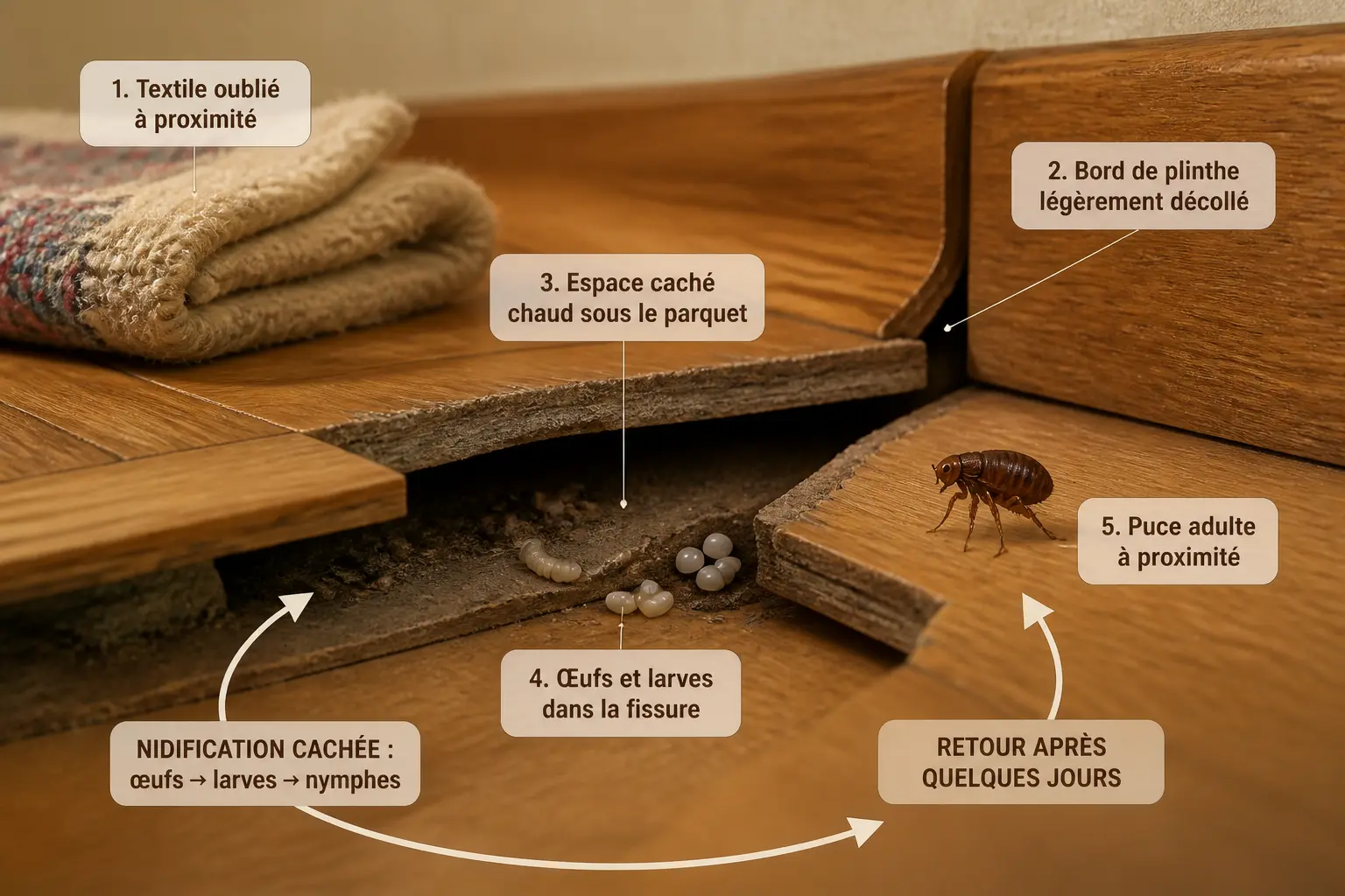 Puce de parquet dans une fissure du plancher, sous une plinthe, près d’un textile oublié et de larves.