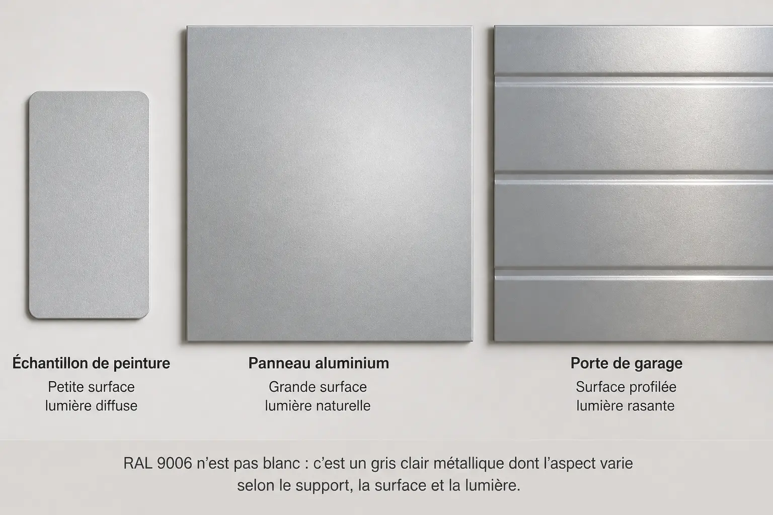 RAL 9006 comparé sur échantillon, panneau alu et porte de garage, gris métallisé clair en lumière variable