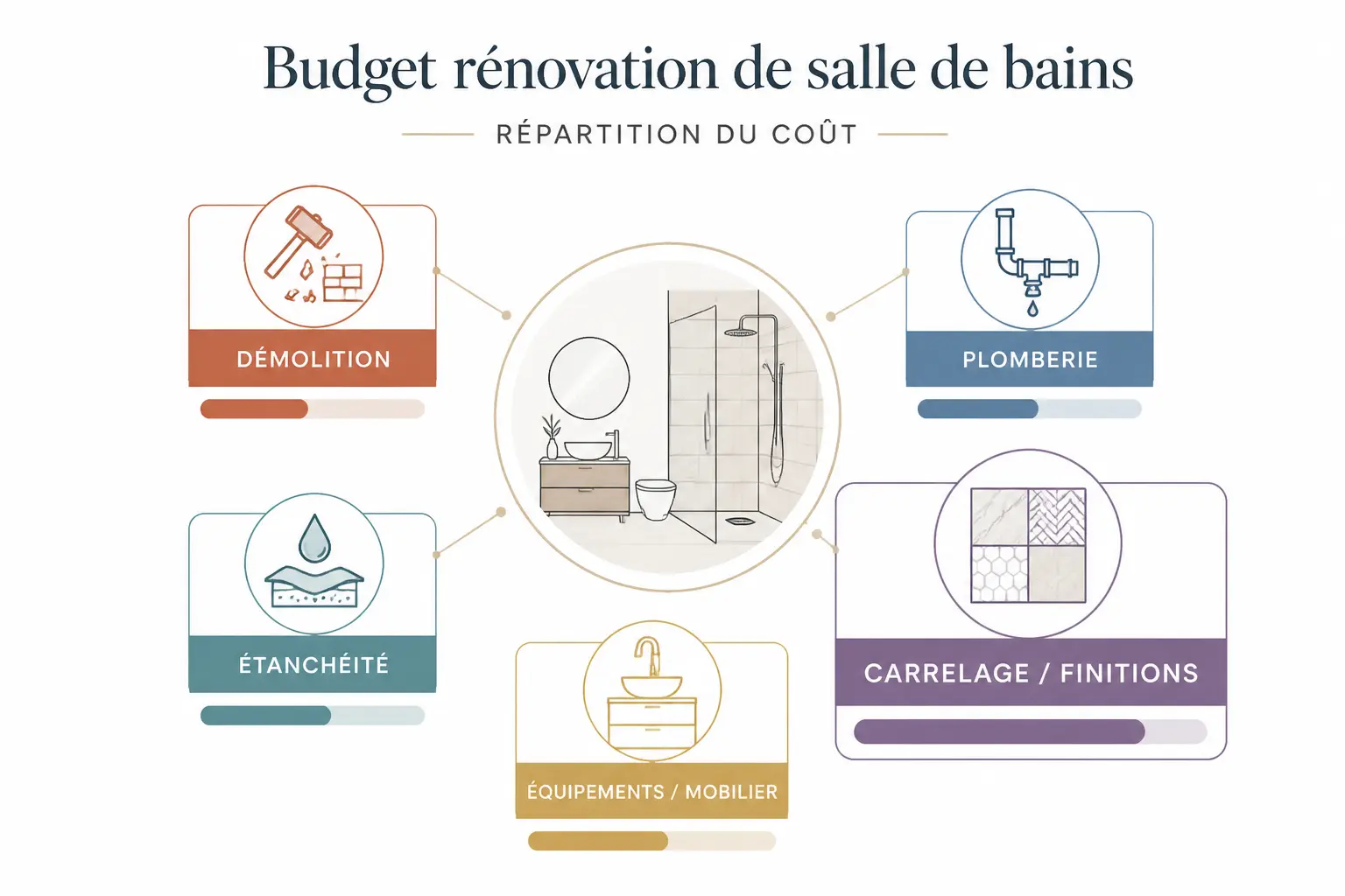 Budget pour renover une salle de bain : répartition des coûts en 5 postes autour d’une salle de bain centrale