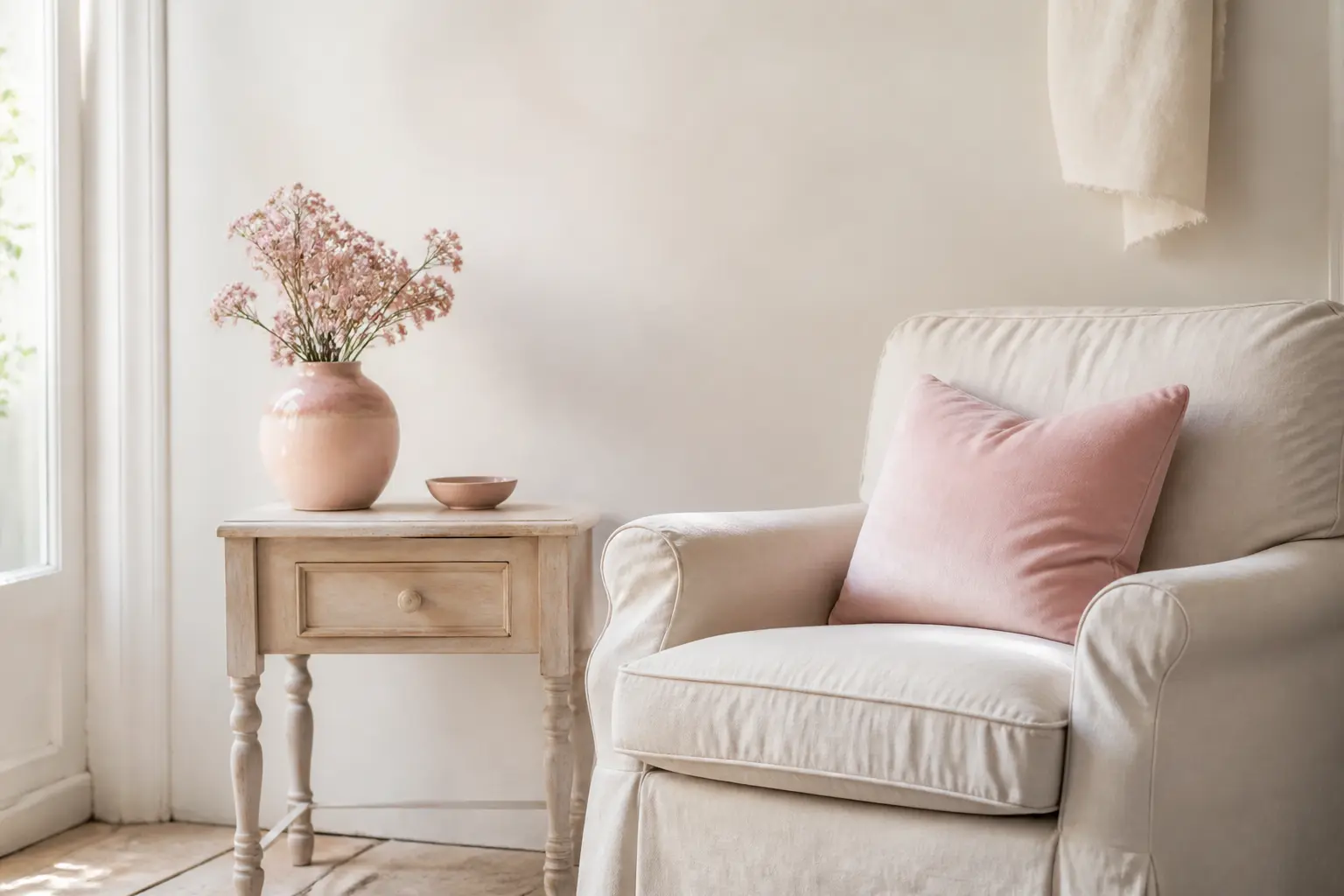 Salon shabby chic lumineux : fauteuil en lin écru, table beige patinée et touches de rose poudré.