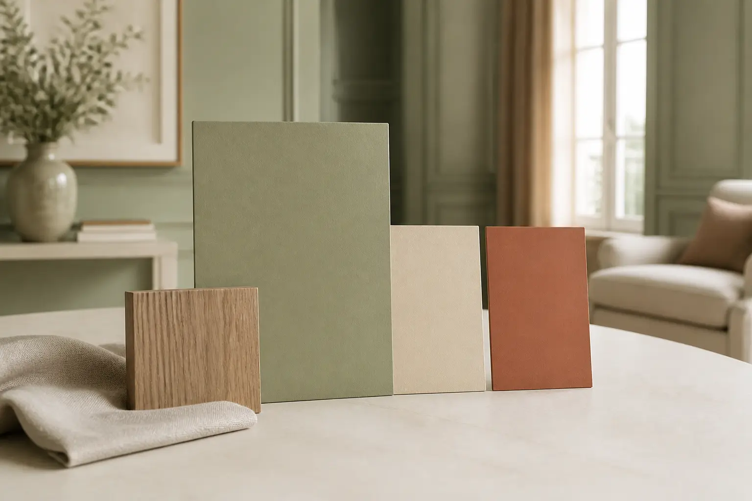 Palette déco avec vert amande, beige chaud, terracotta douce et bois clair pour un intérieur harmonieux.