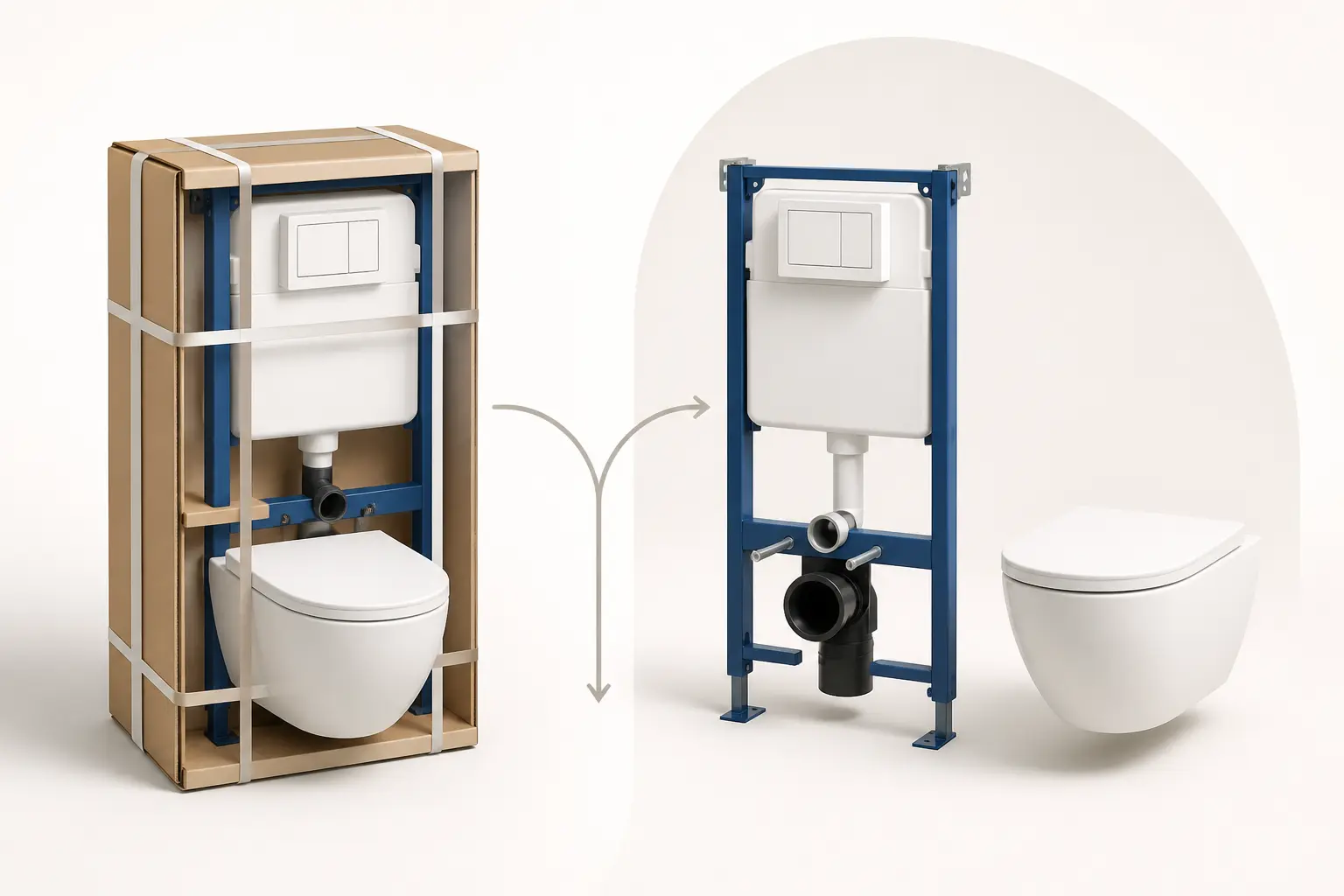 Comparatif d’un wc suspendu Geberit : pack prêt à poser, bâti-support et cuvette séparés.