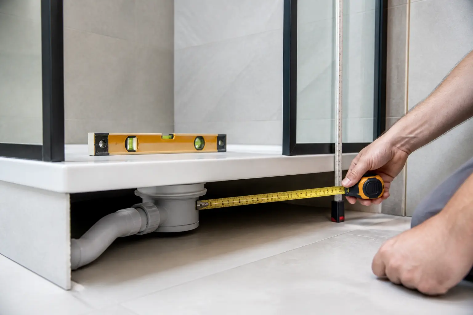 Contrôle technique d’une cabine de douche 80x80 : mètre, niveau et raccords sous le receveur