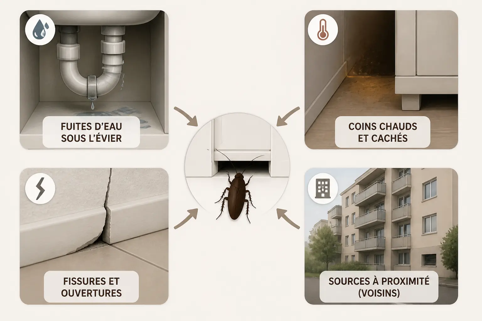 Schéma éducatif montrant pourquoi un cafard noir entre dans la maison : fuite, chaleur, fissure et voisinage.