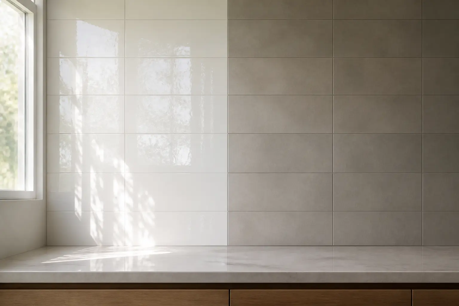 Carrelage mural cuisine : comparaison entre carreaux blancs brillants et gris mats sous la lumière naturelle.