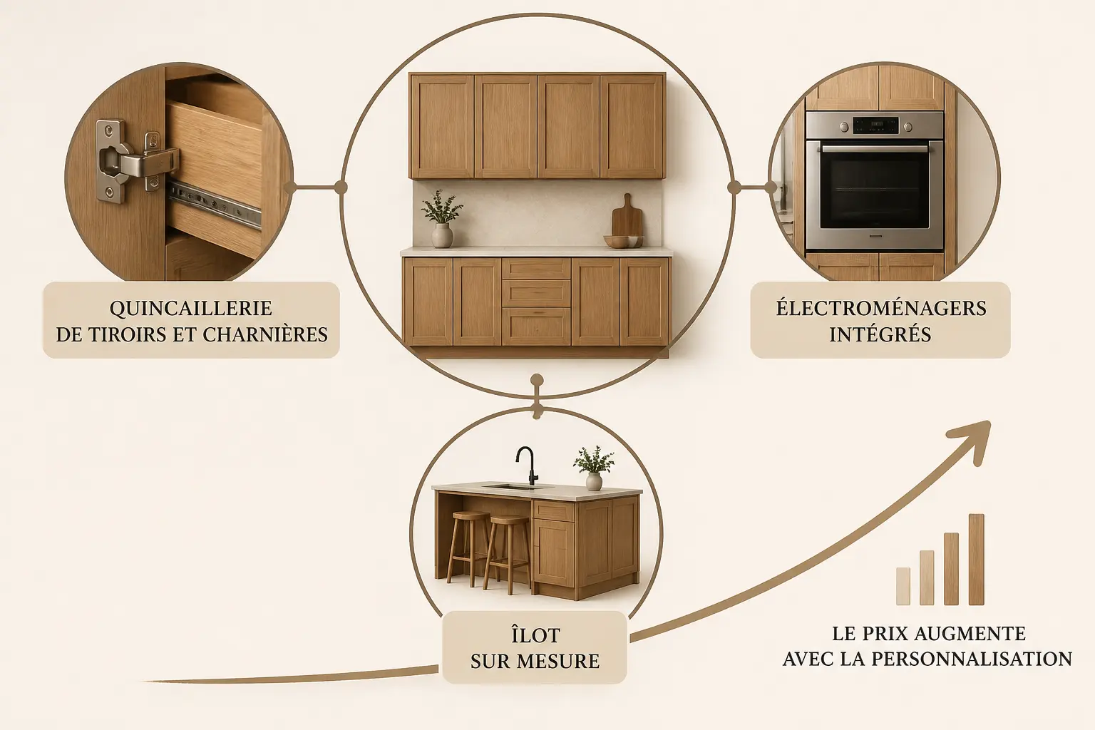 Infographie minimaliste sur le budget d’une cuisine bois : meubles, quincaillerie, électroménager et îlot.